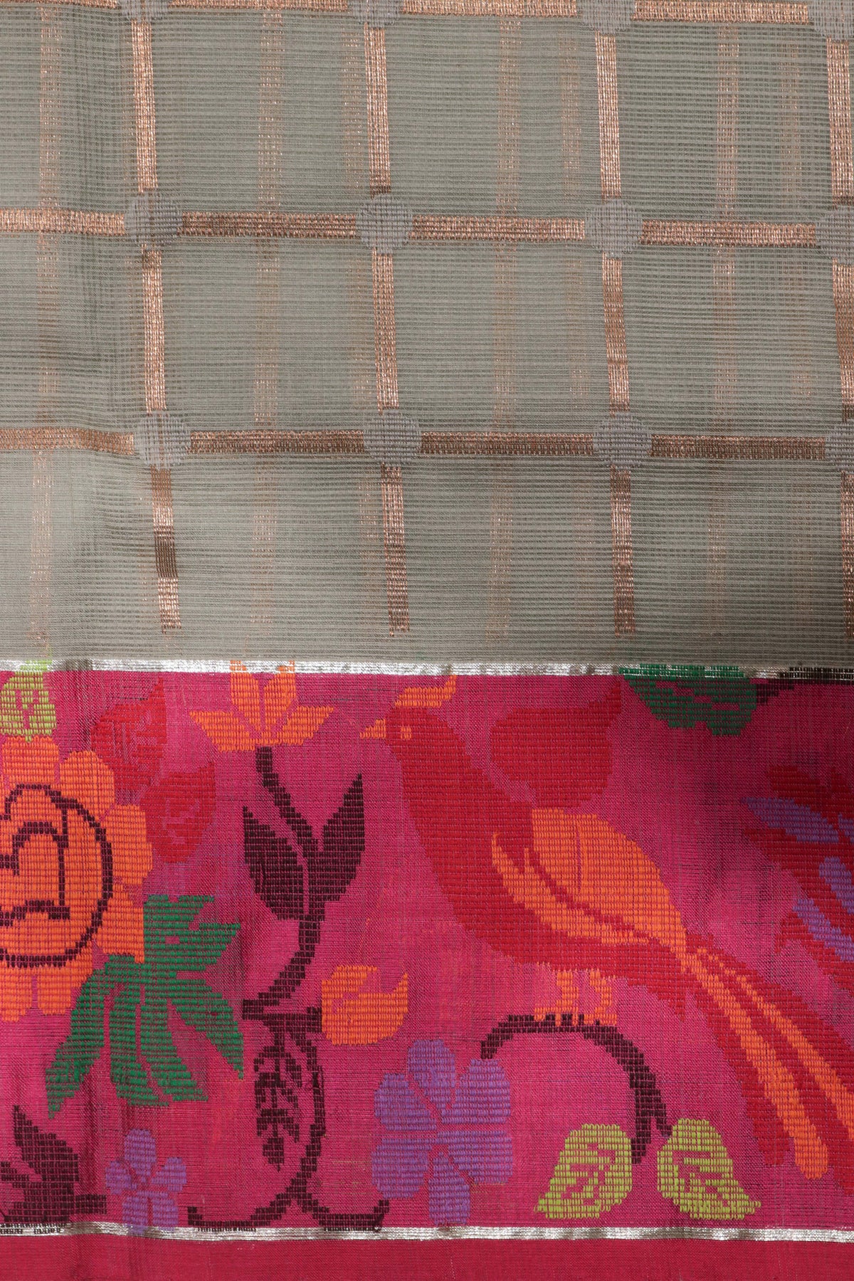 Grey-Green Zari Kota Saree with Jamdani Border
