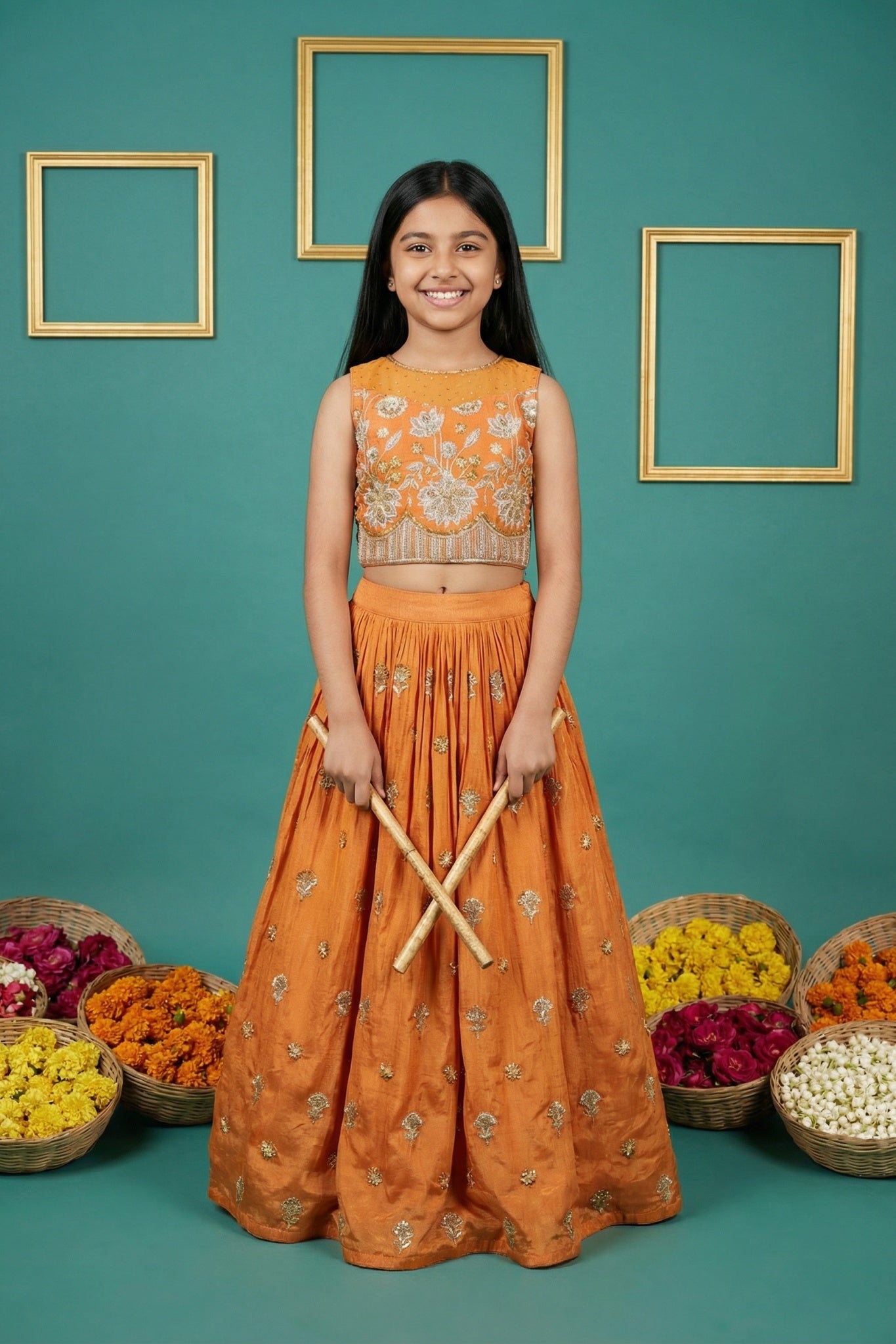 Rust Orange Tissue Silk Embroidered Lehenga Set for Girls