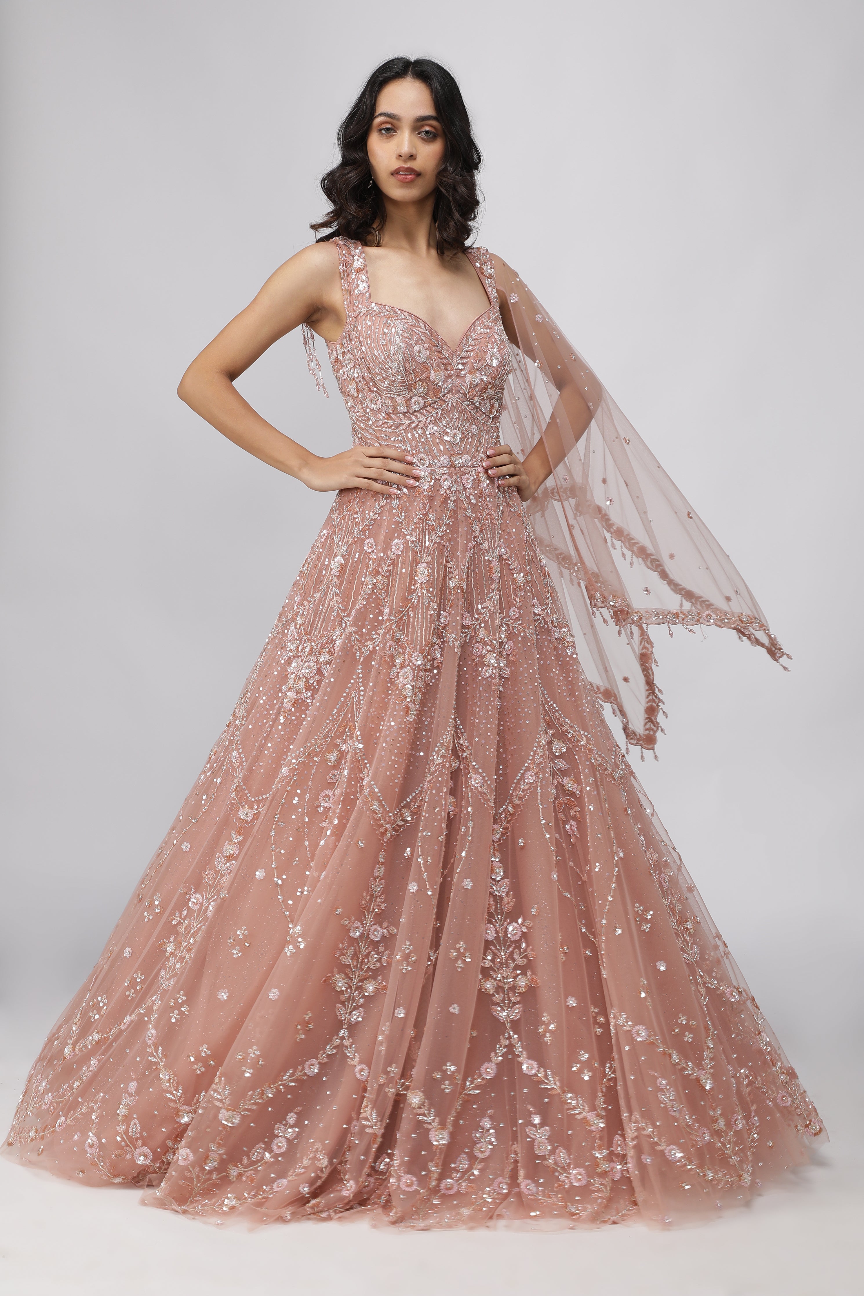 Peach Net Gown with Sequins, Cutdana & Pearl Embroidery