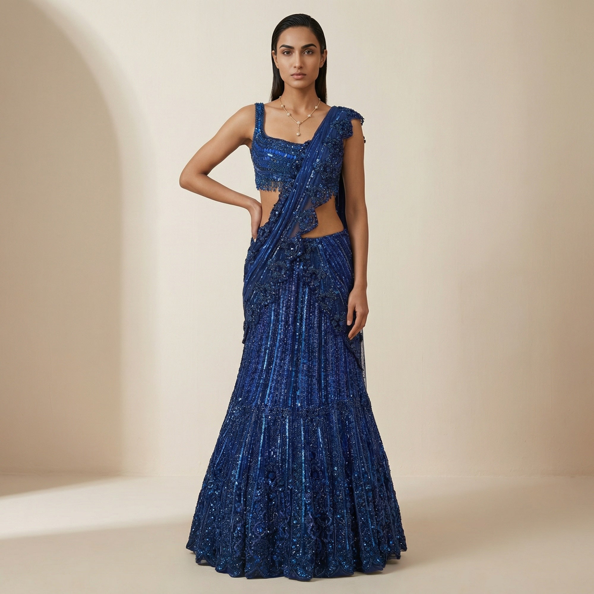 Blue Net Mermaid Lehenga set - Mokshaa
