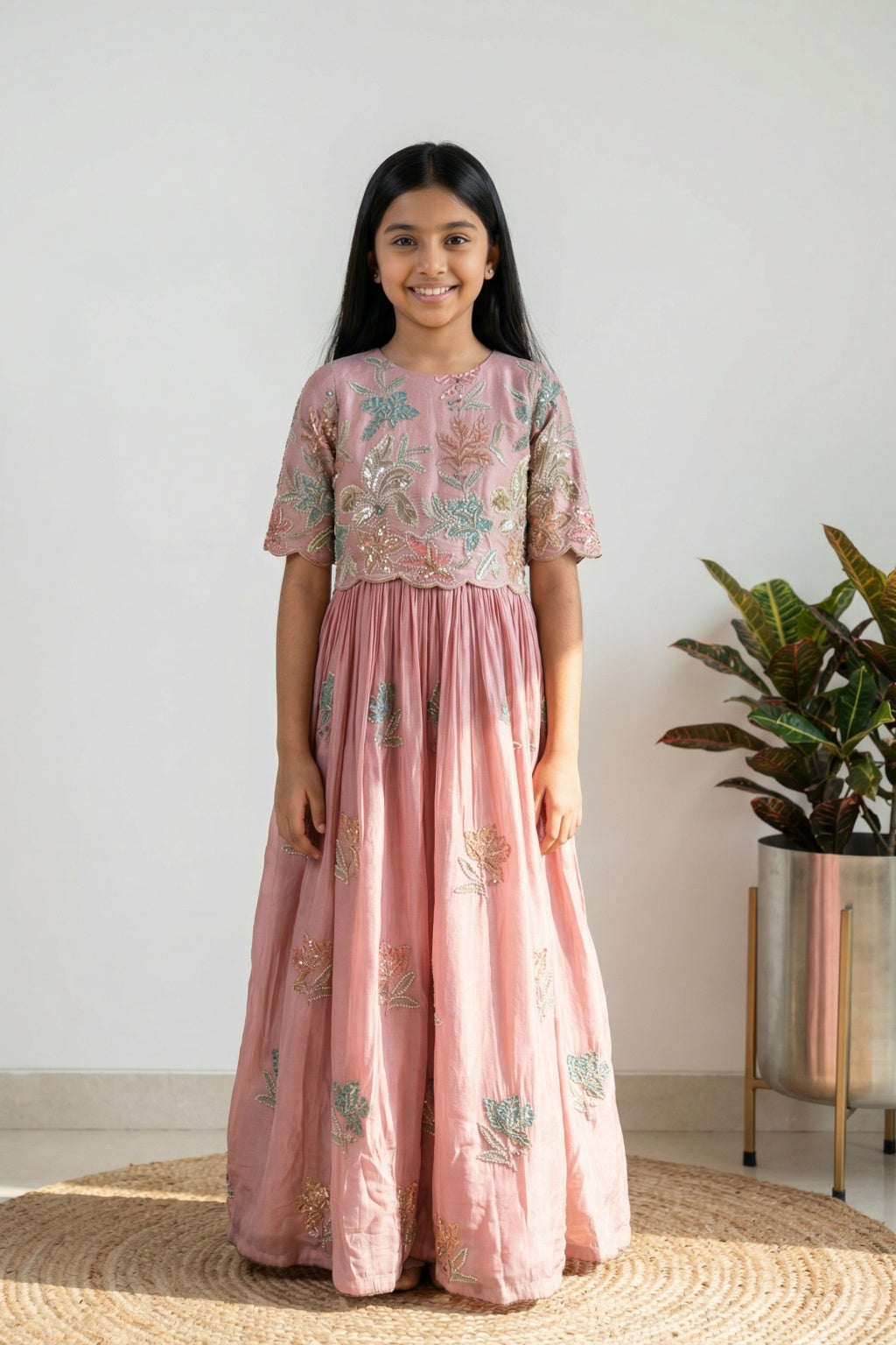 Blush Pink Shimmer Embroidered Kids Gown