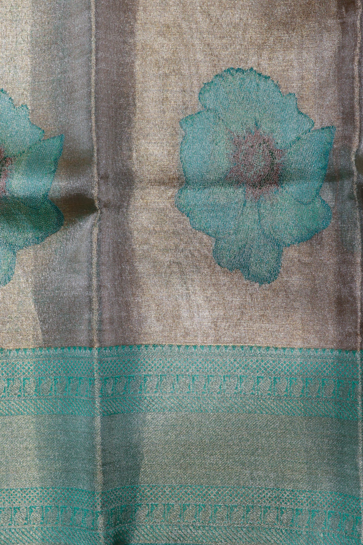 Silver Tissue Silk Saree with Aqua Floral Weaving