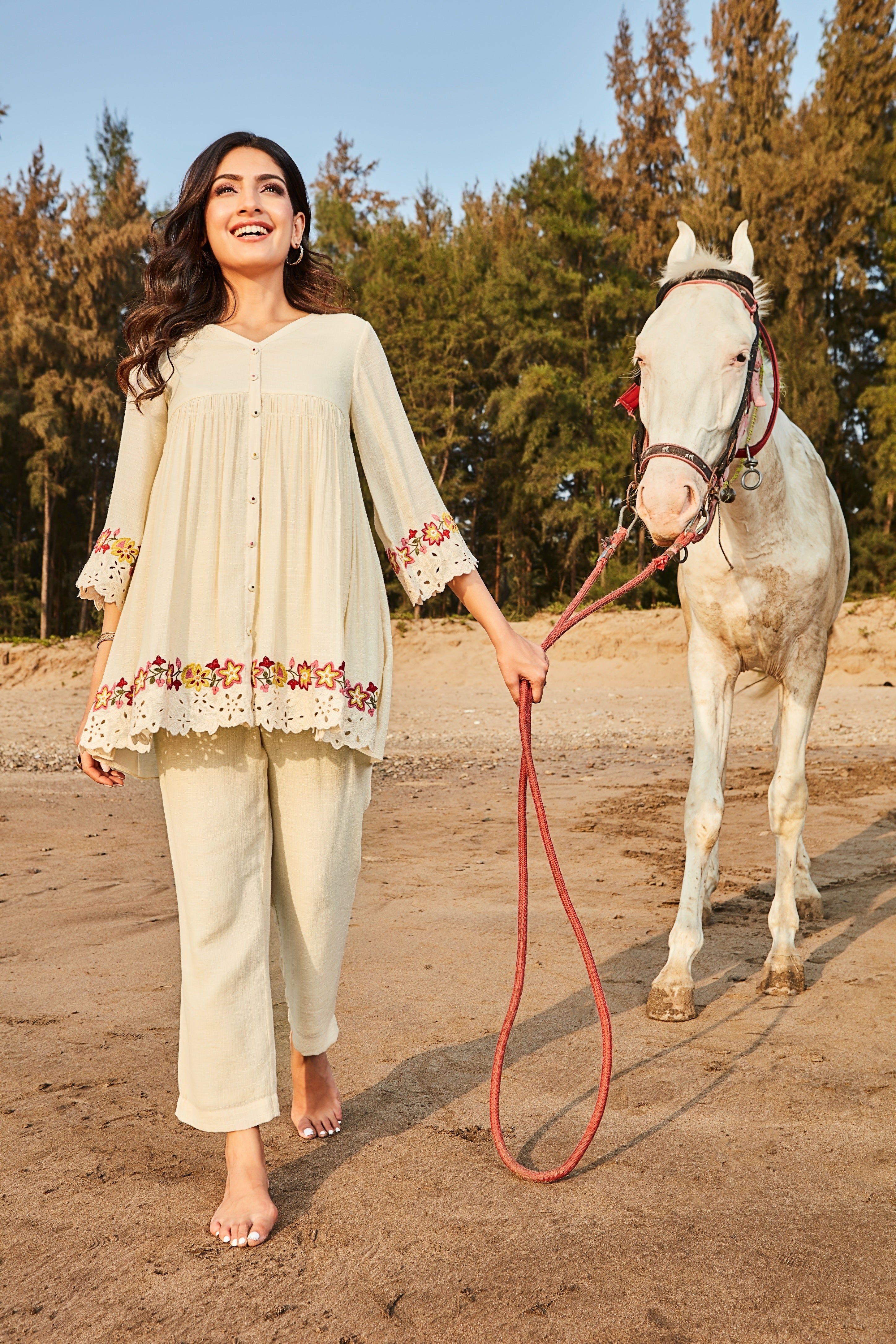 Ivory Floral Embroidered Cotton Co-ord Set  Mokshaa