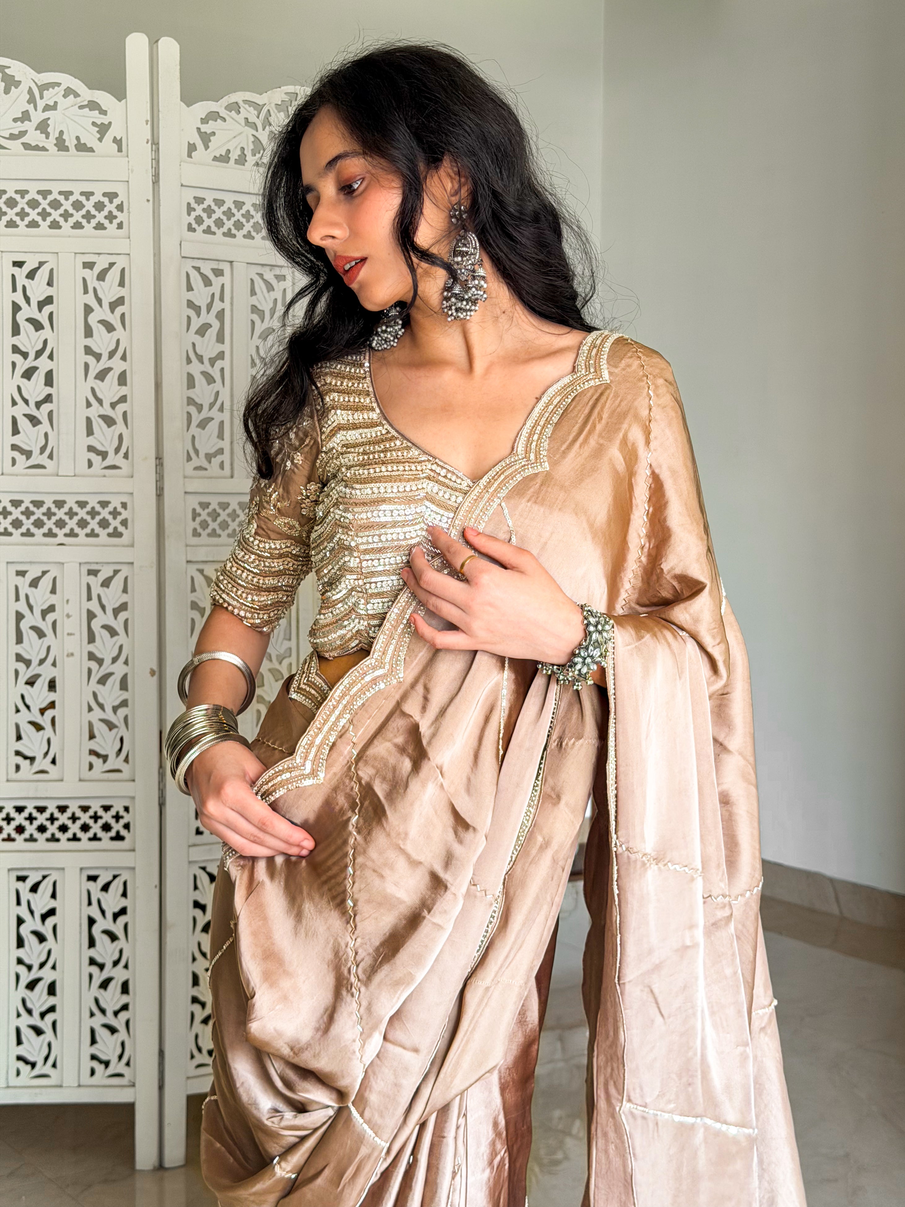 Beige Satin Saree with Hand Embellished Blouse - Mokshaa