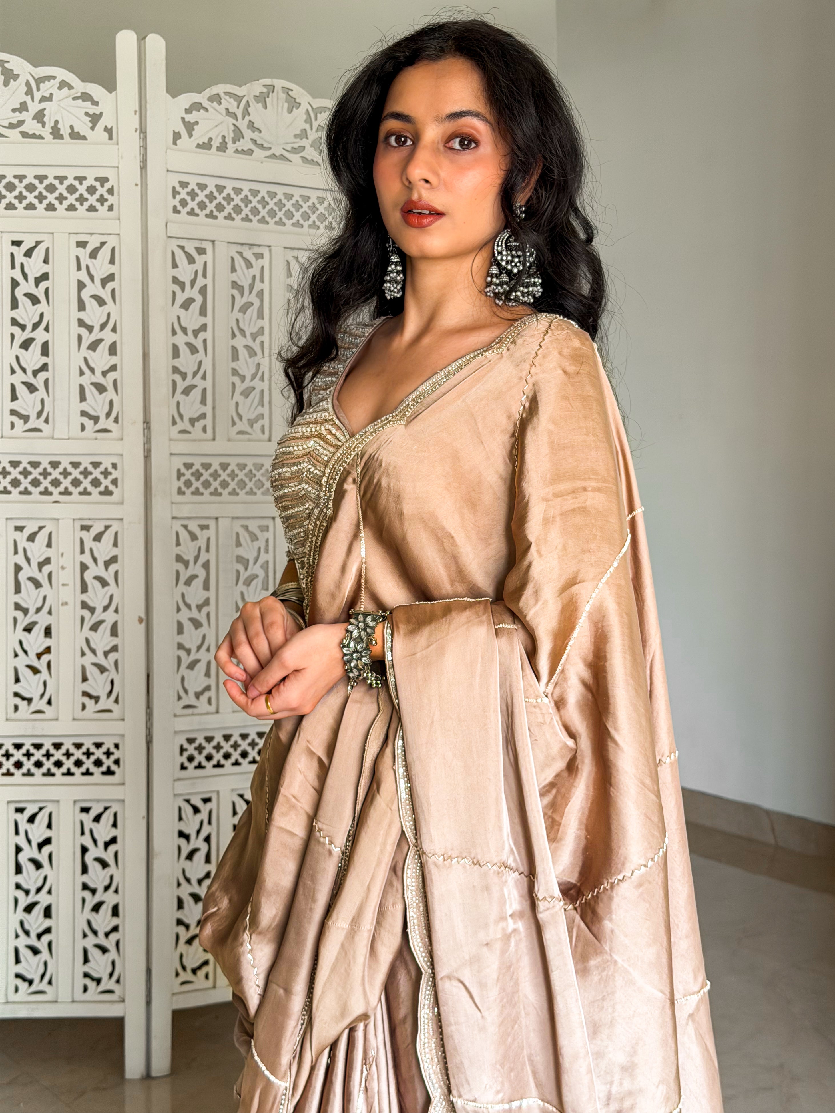 Beige Satin Saree with Hand Embellished Blouse - Mokshaa