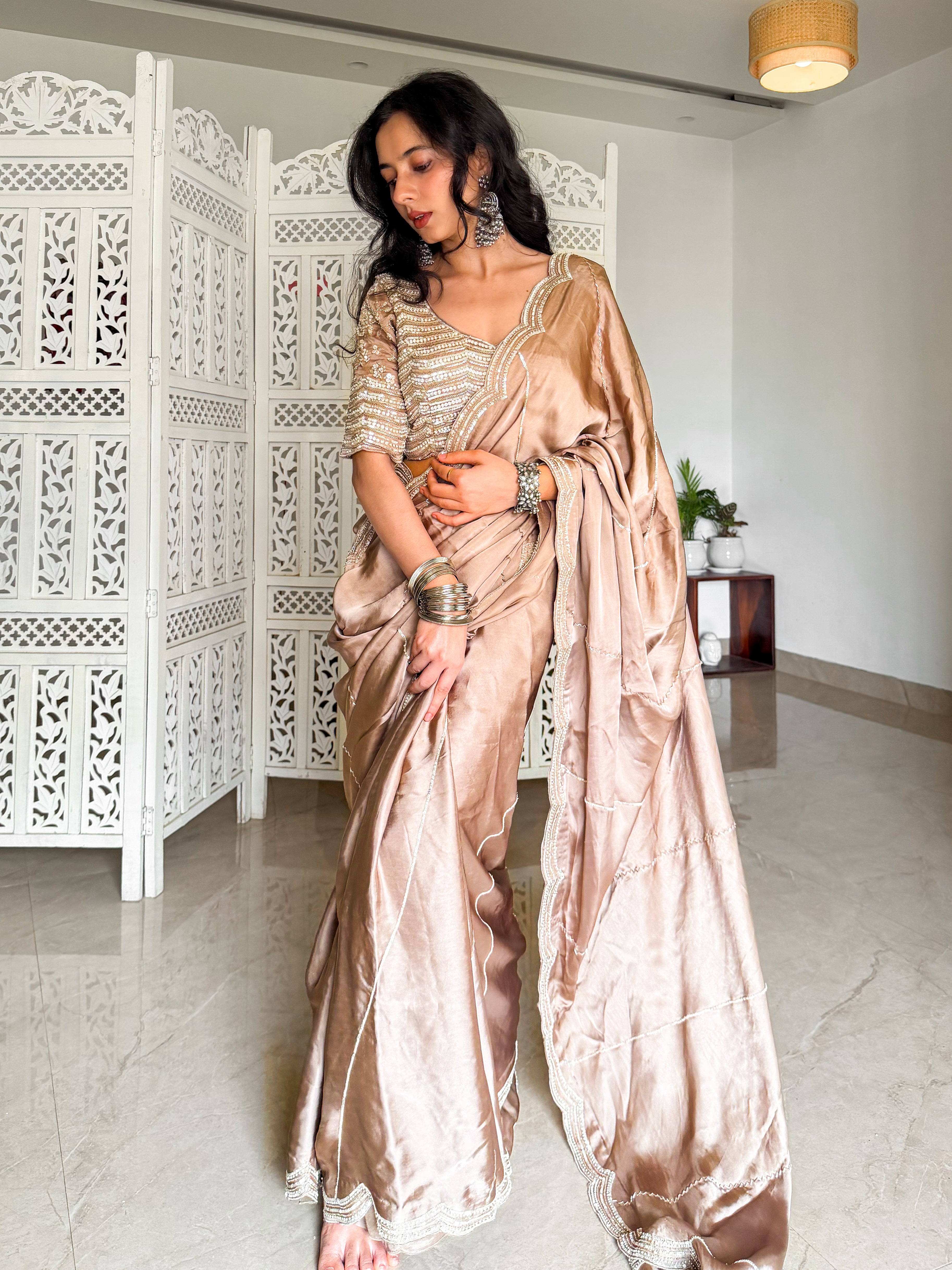 Beige Satin Saree with Hand Embellished Blouse - Mokshaa