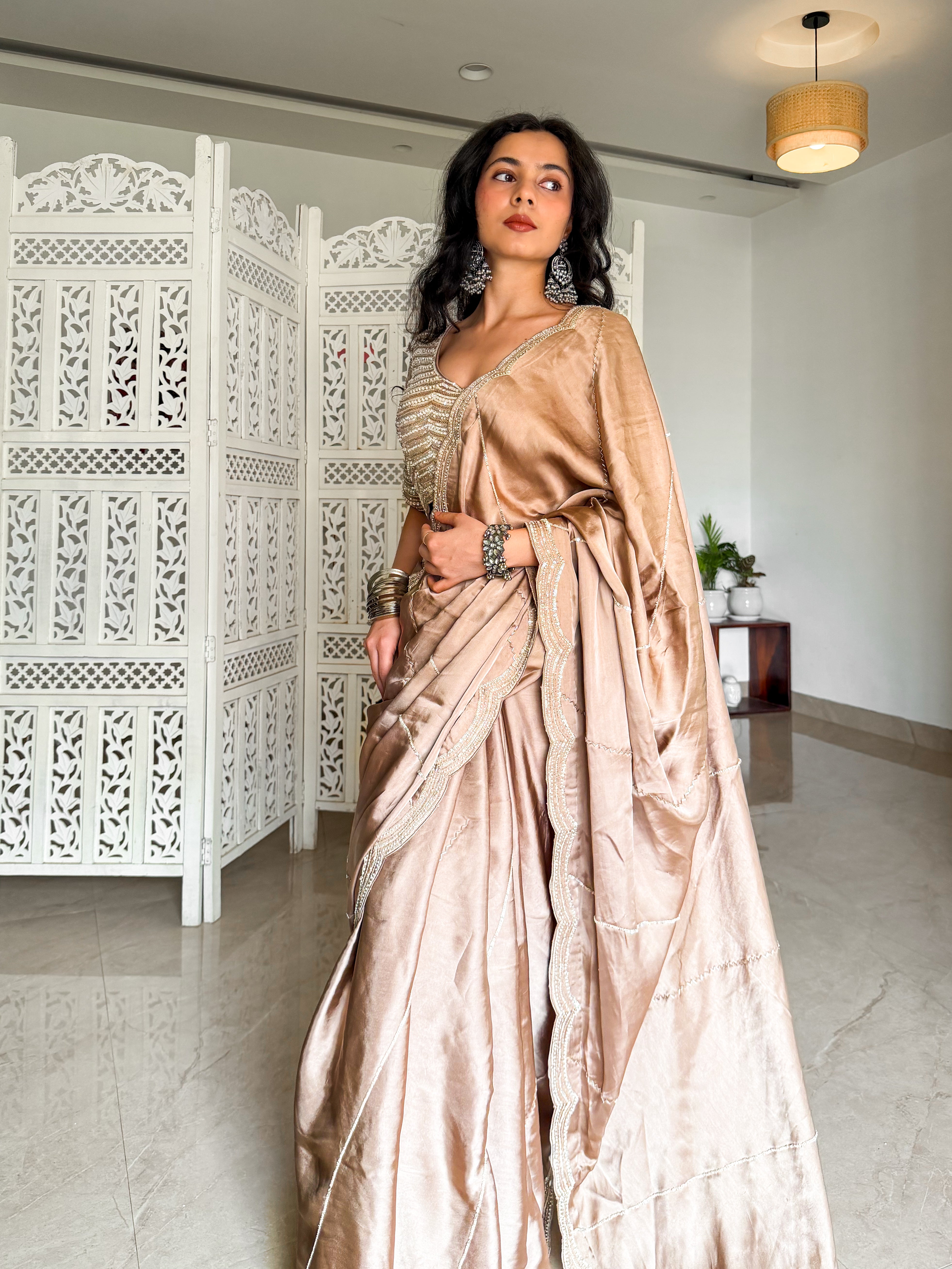 Beige Satin Saree with Hand Embellished Blouse - Mokshaa