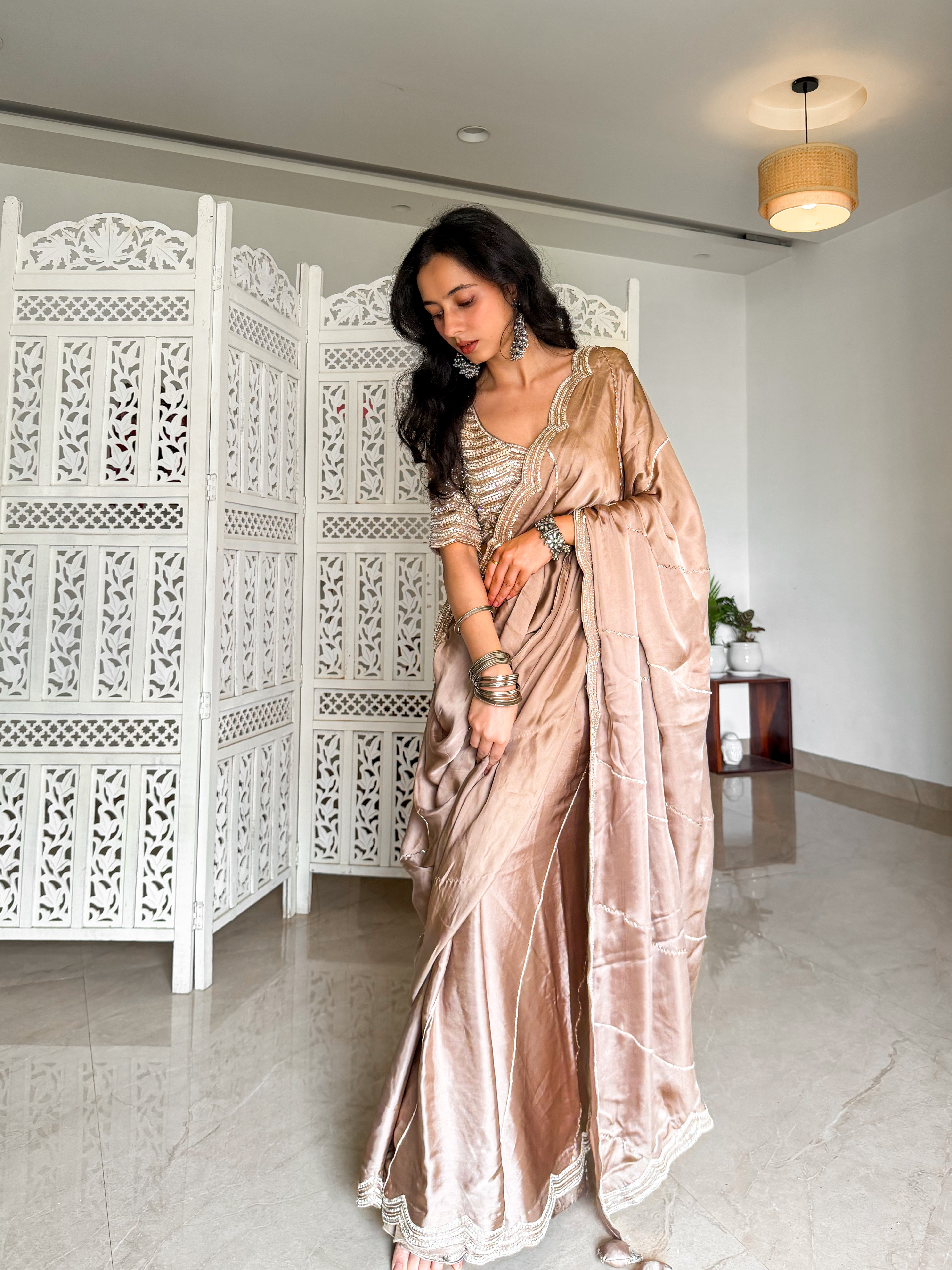 Beige Satin Saree with Hand Embellished Blouse - Mokshaa