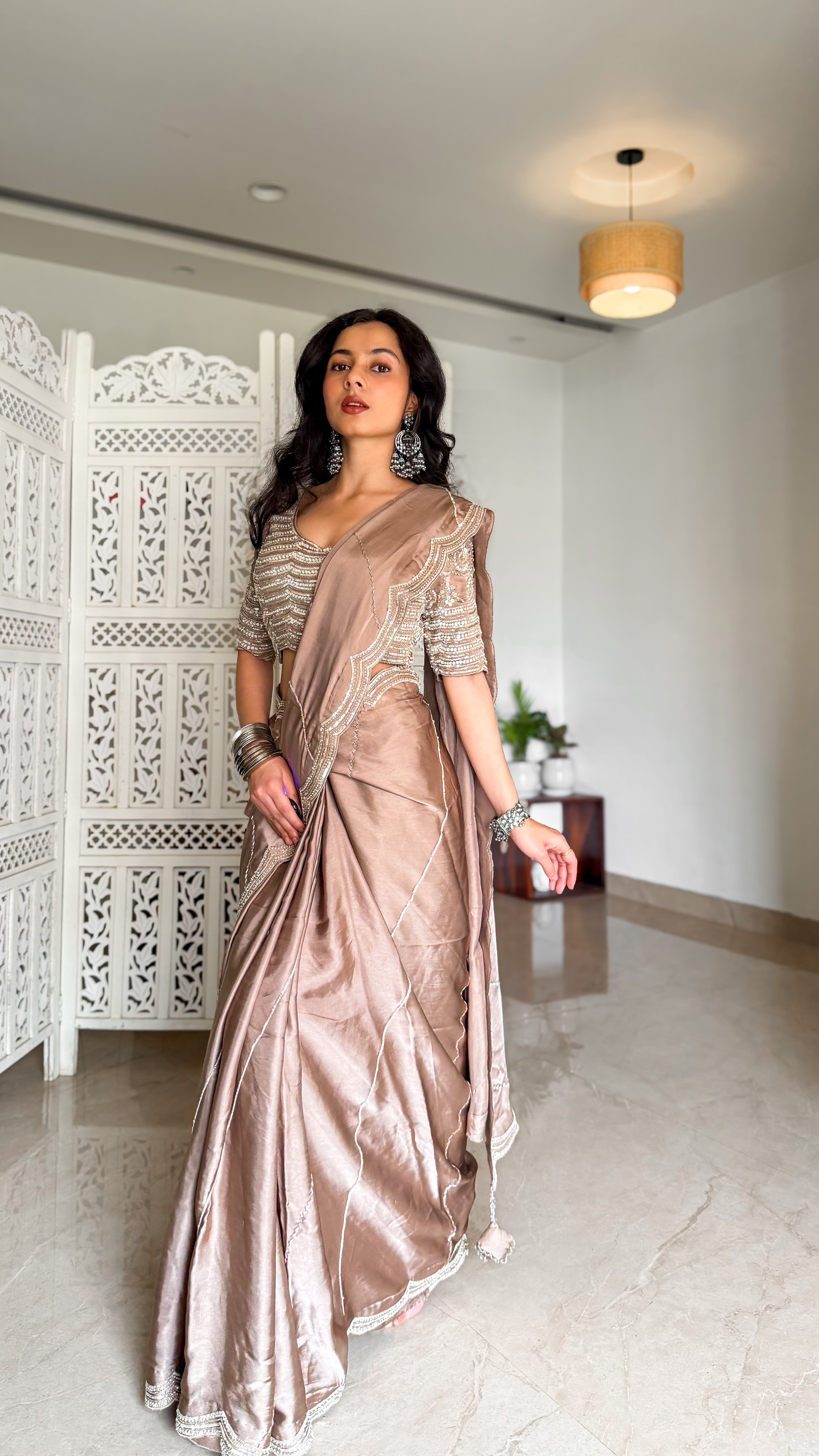Beige Satin Saree with Hand Embellished Blouse - Mokshaa