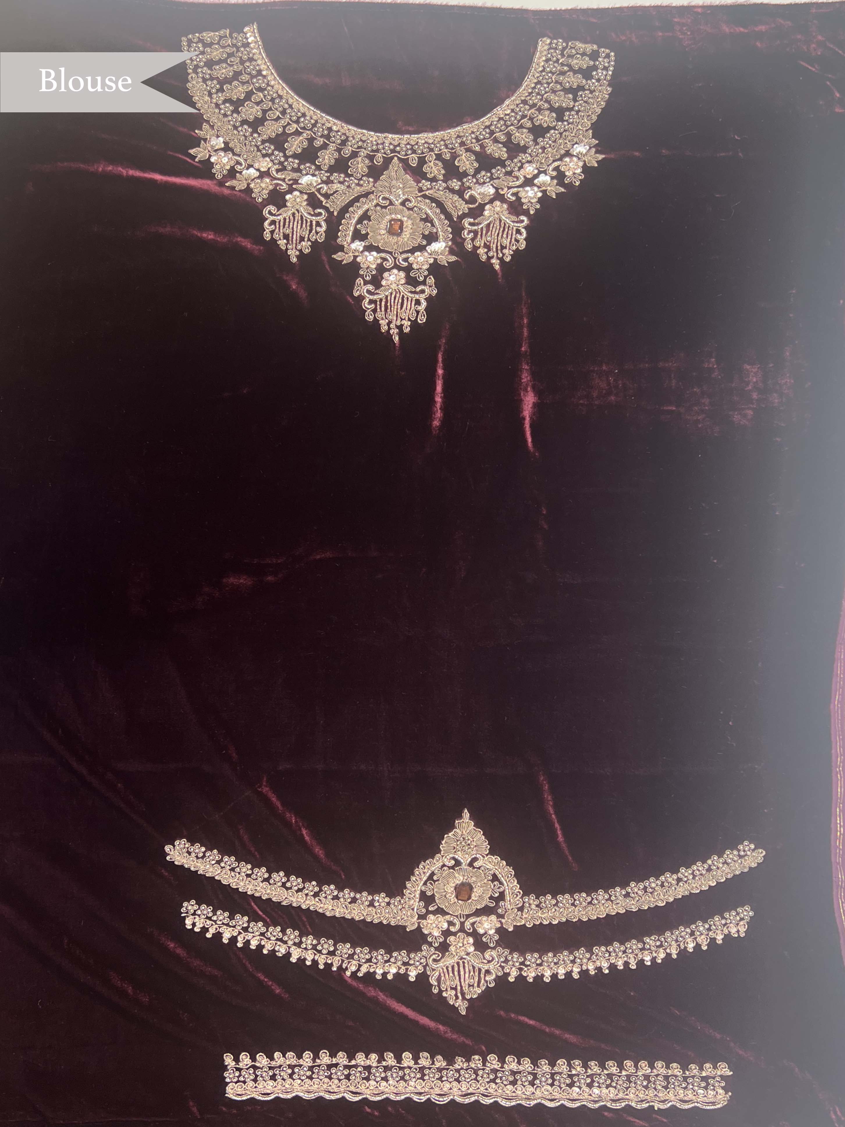 Wine Maroon Velvet Saree with Heavy Zardosi Work Border - Mokshaa