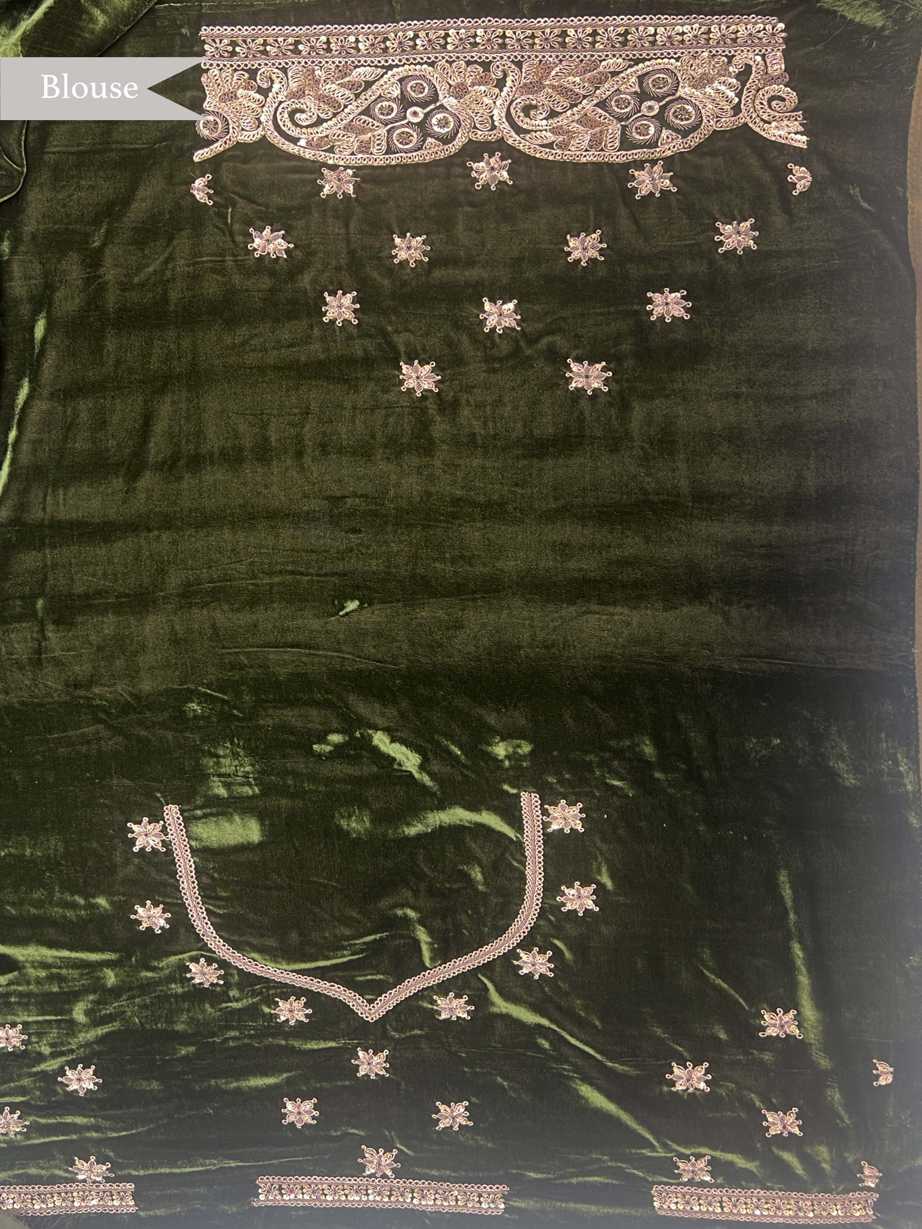 Green Velvet Saree with Jardhosi Border - Mokshaa
