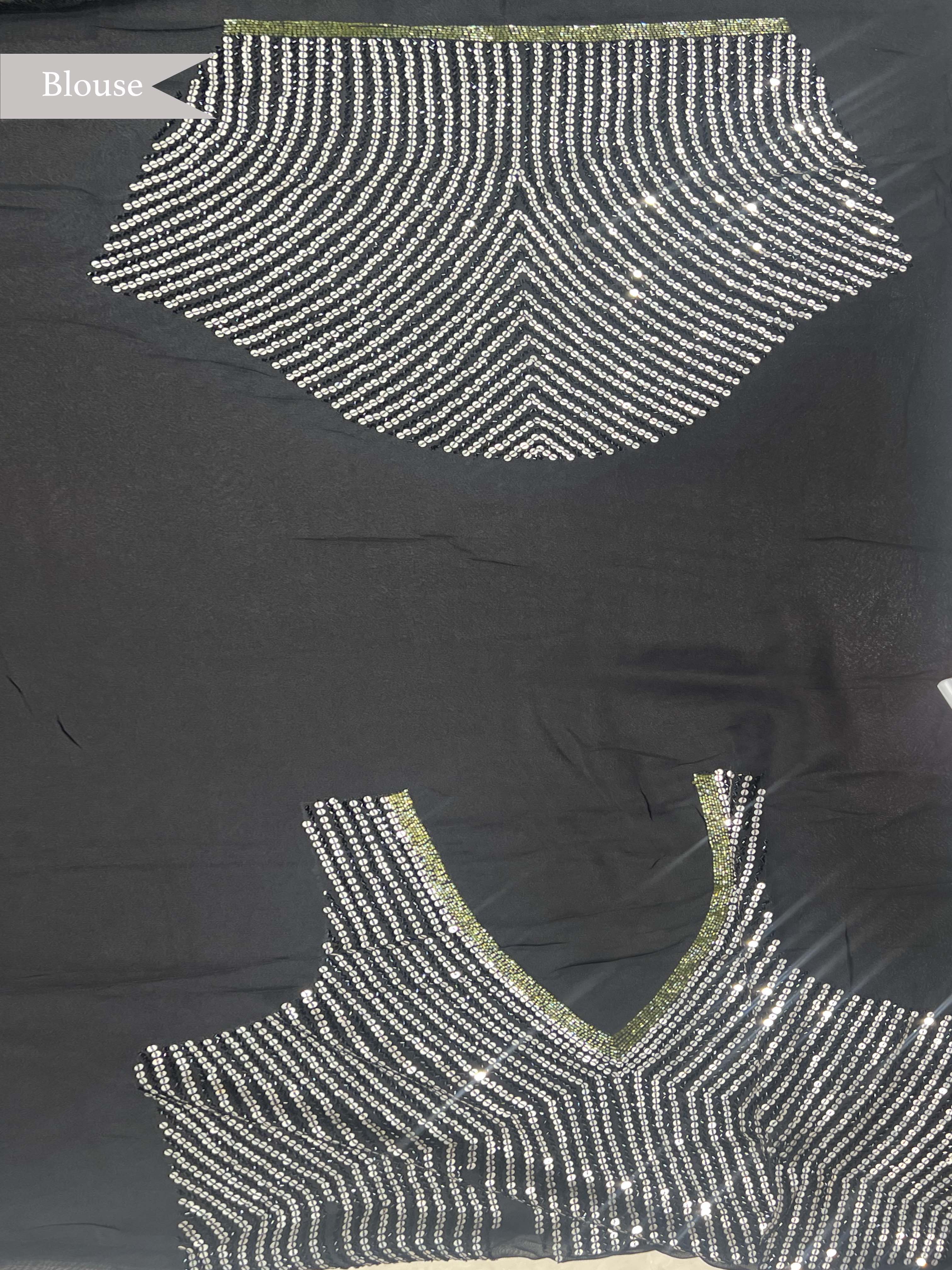 Midnight Black Georgette Saree with All-Over Sequin Work - Mokshaa