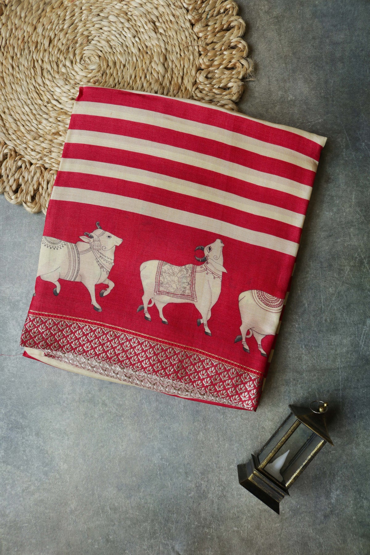 Red Tussar Silk Pichwai Print Saree - Mokshaa