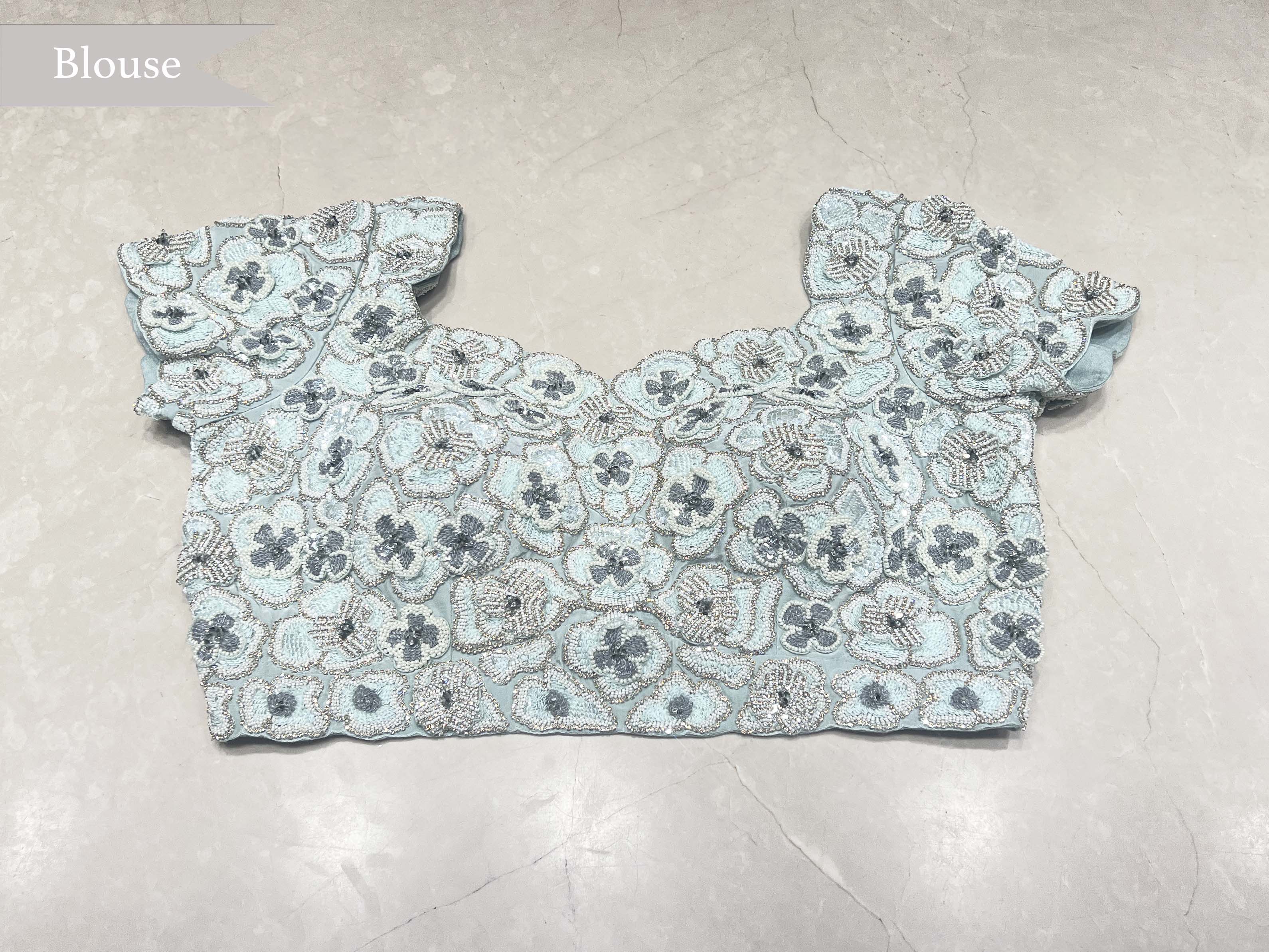 Sea Blue Organza Saree with Pearl & Sequin Border - Mokshaa