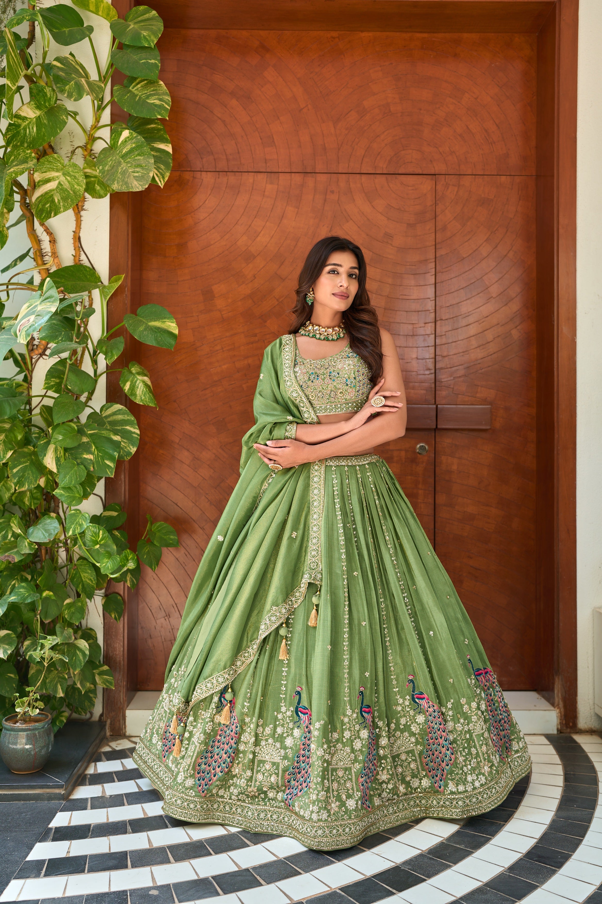 Enchanted Peacock Tissue Embroidered Lehenga Set