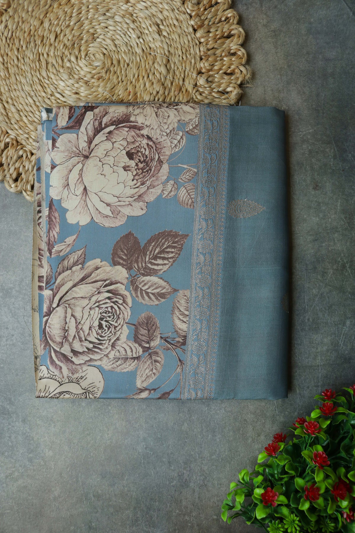 Dusty Blue Tussar Silk Saree - Mokshaa