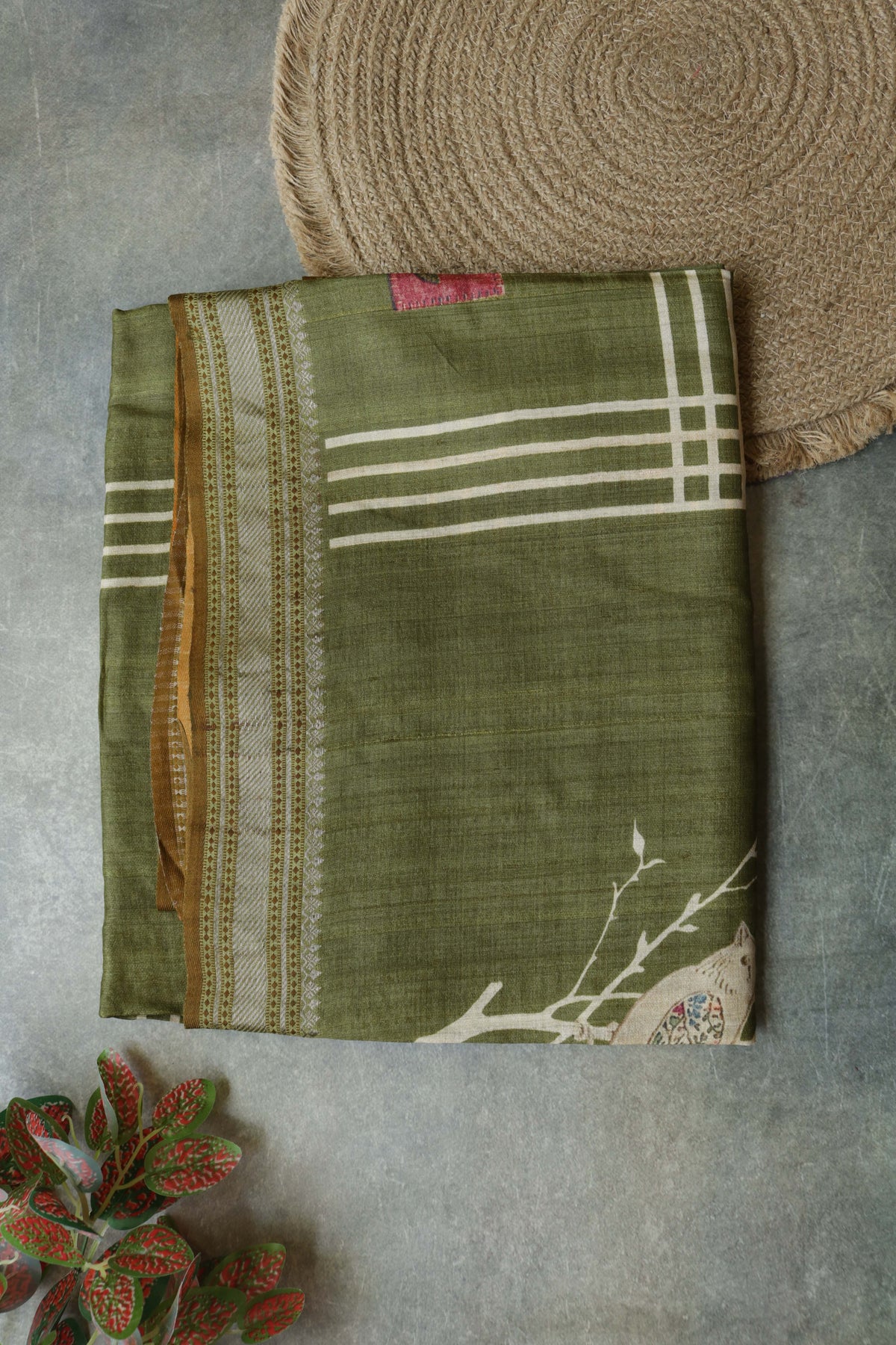 Olive Green Tussar Silk Saree with Zari Border