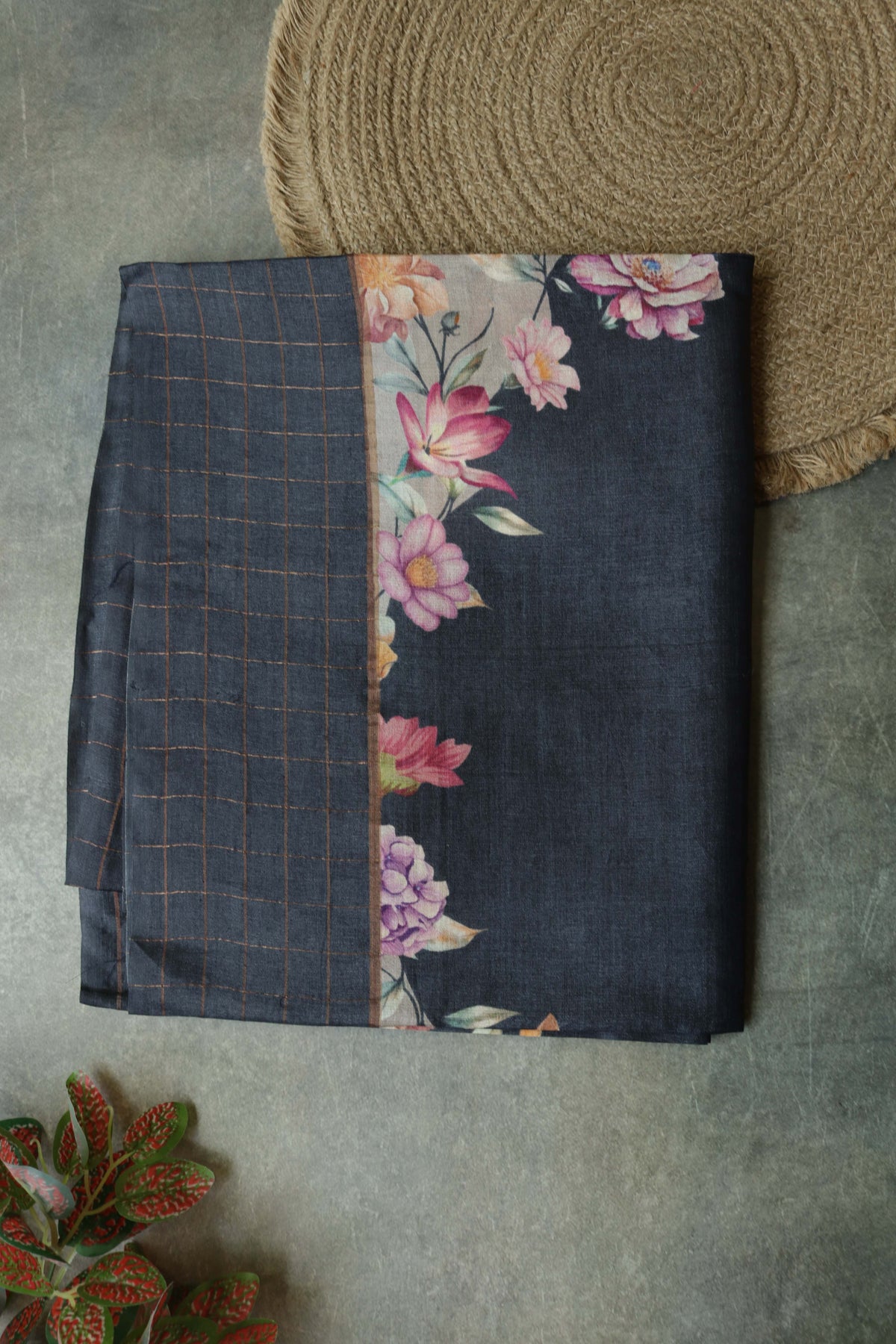 Charcoal Grey Tussar Silk Saree with Floral Print
