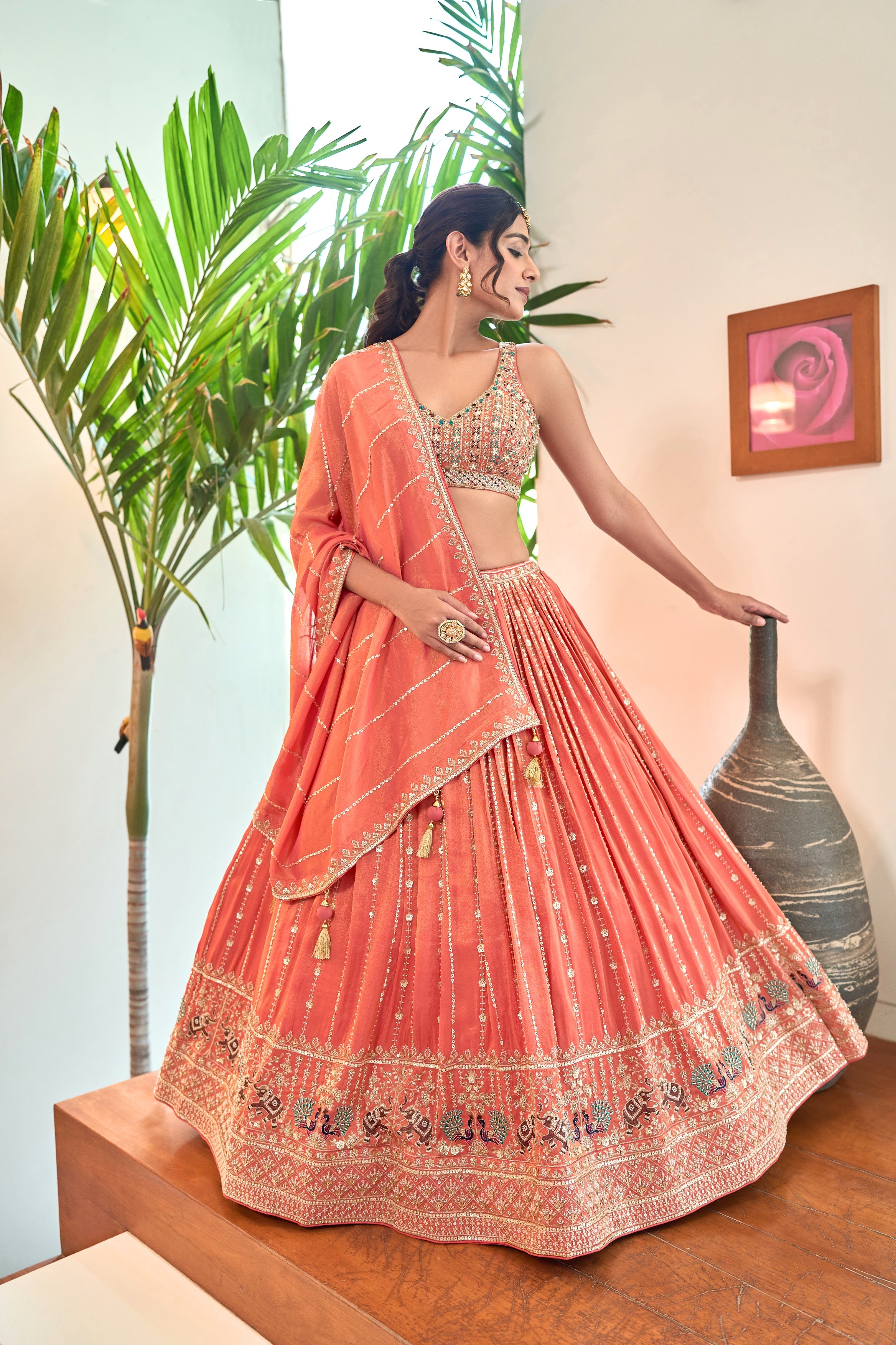 Coral Tissue Lehenga with Mirror & Thread Work