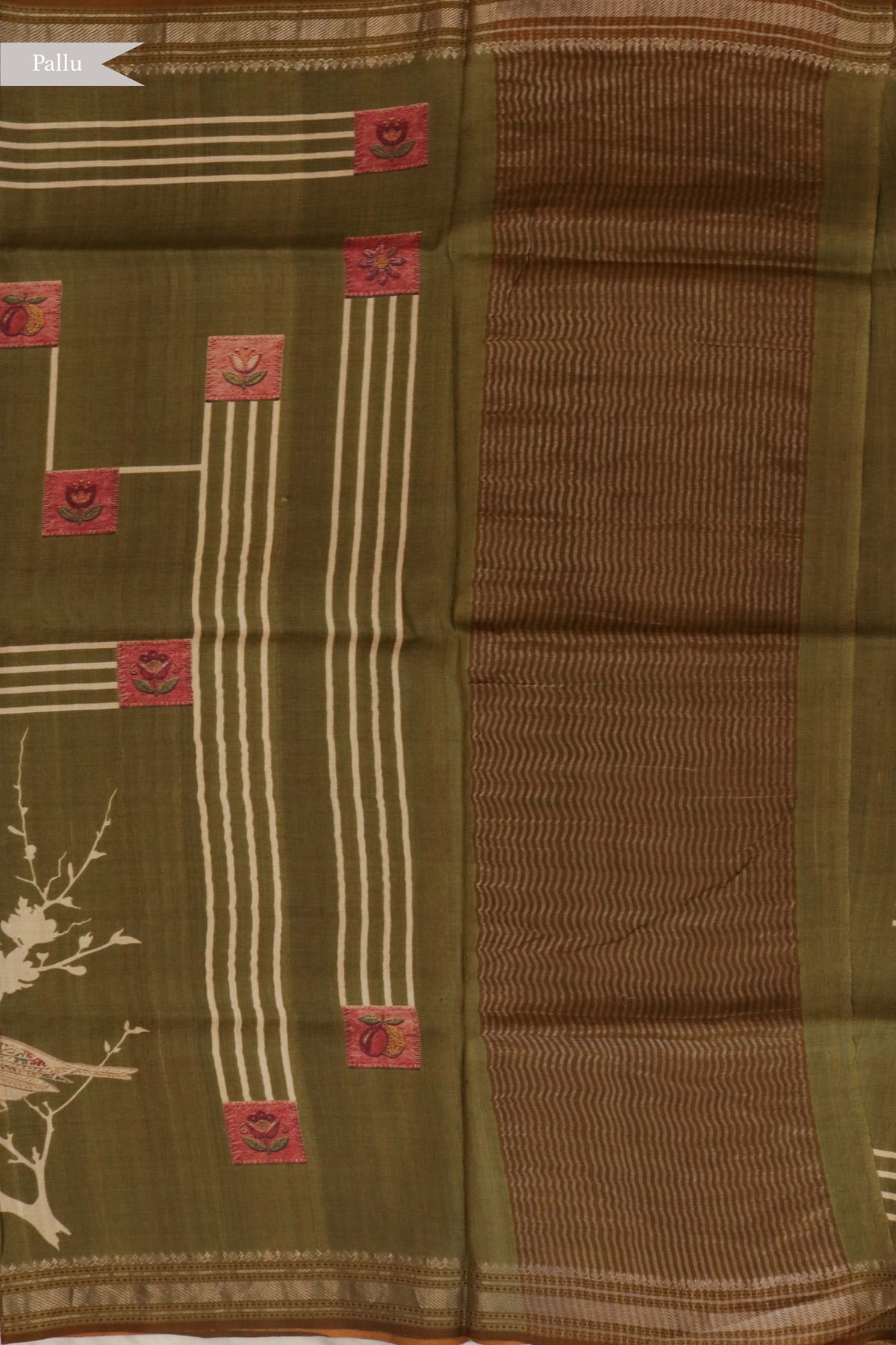 Olive Green Tussar Silk Saree with Zari Border