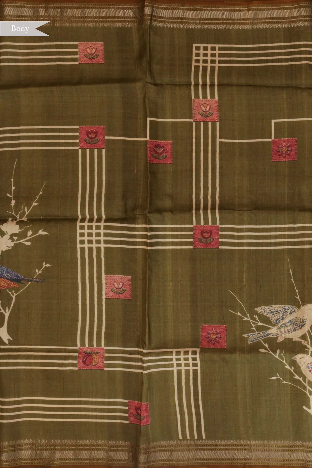 Olive Green Tussar Silk Saree with Zari Border