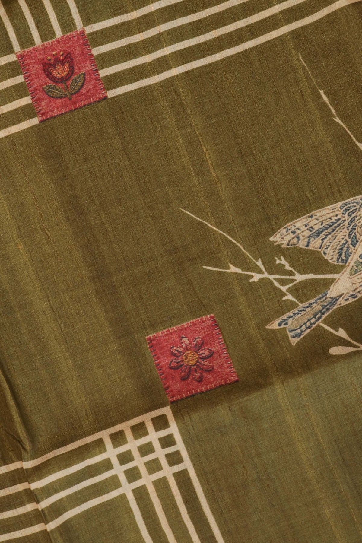 Olive Green Tussar Silk Saree with Zari Border