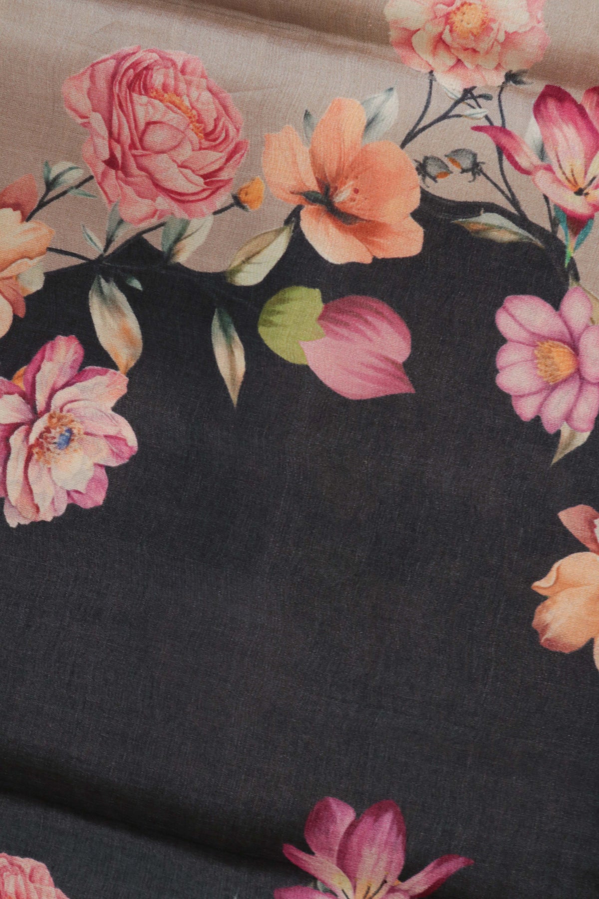 Charcoal Grey Tussar Silk Saree with Floral Print