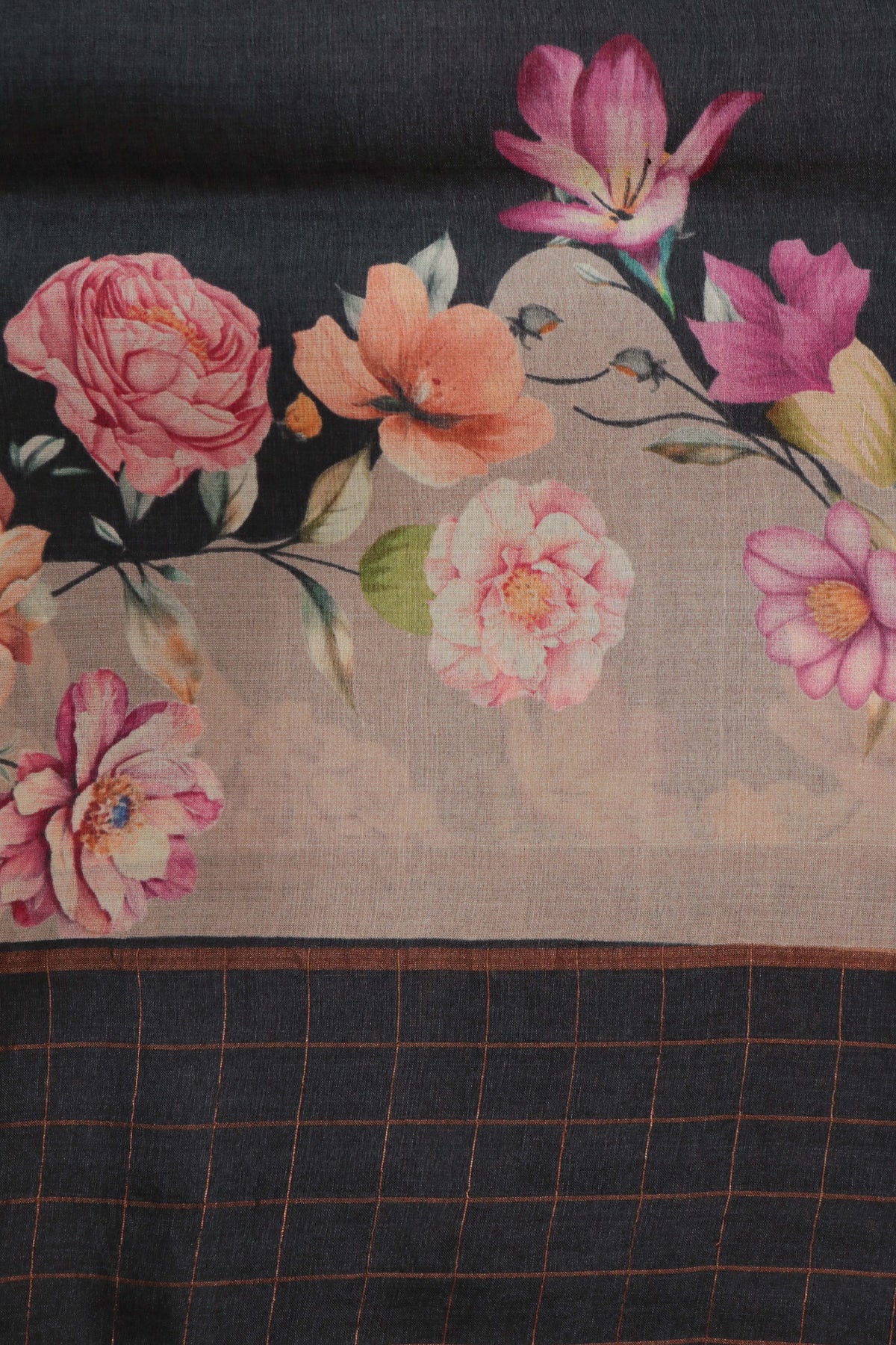 Charcoal Grey Tussar Silk Saree with Floral Print