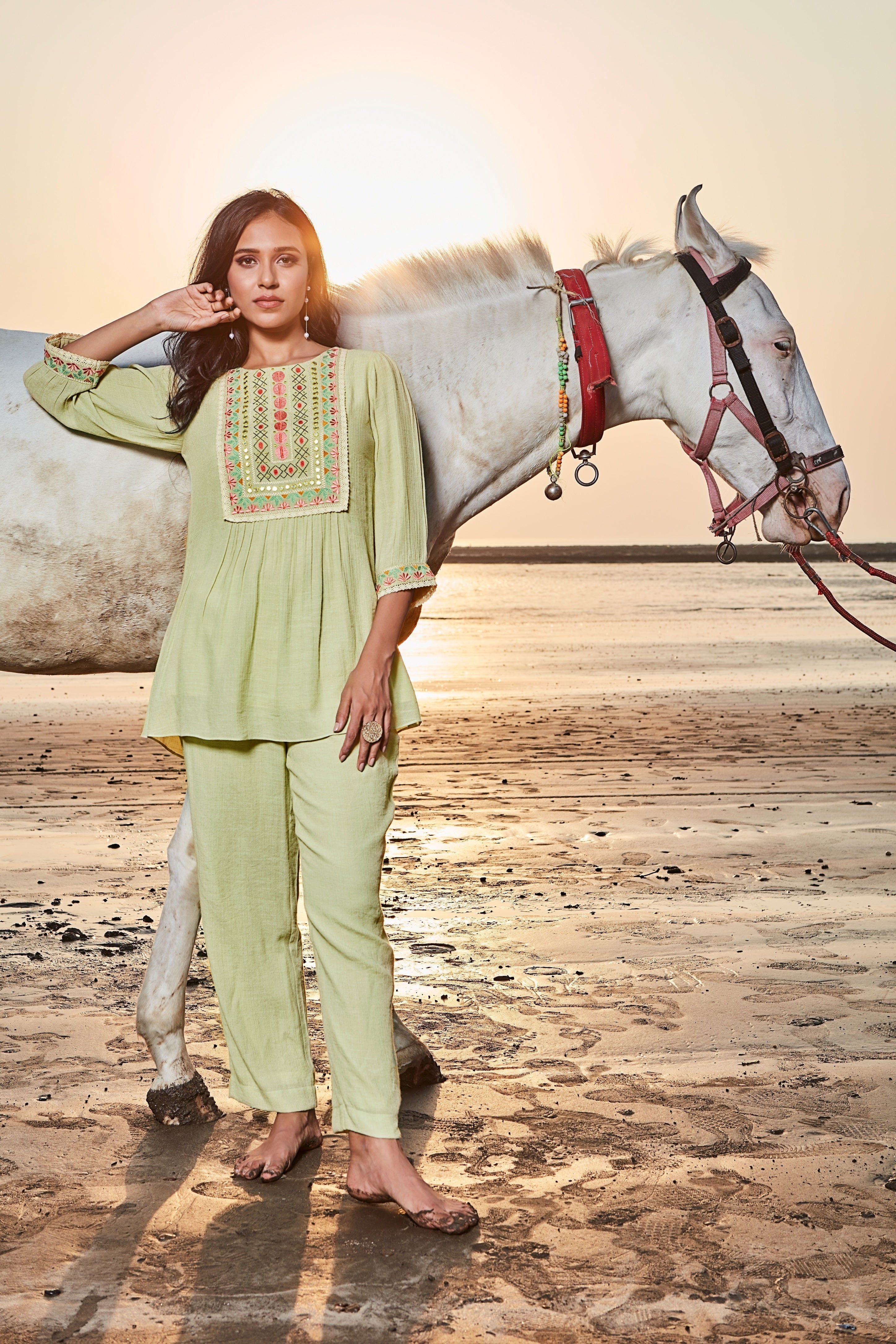 Lime Green Embroidered Cotton Co-ord Set  Mokshaa