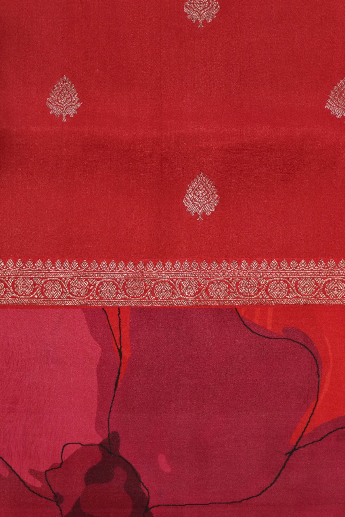 Red Floral Tussar Silk Saree