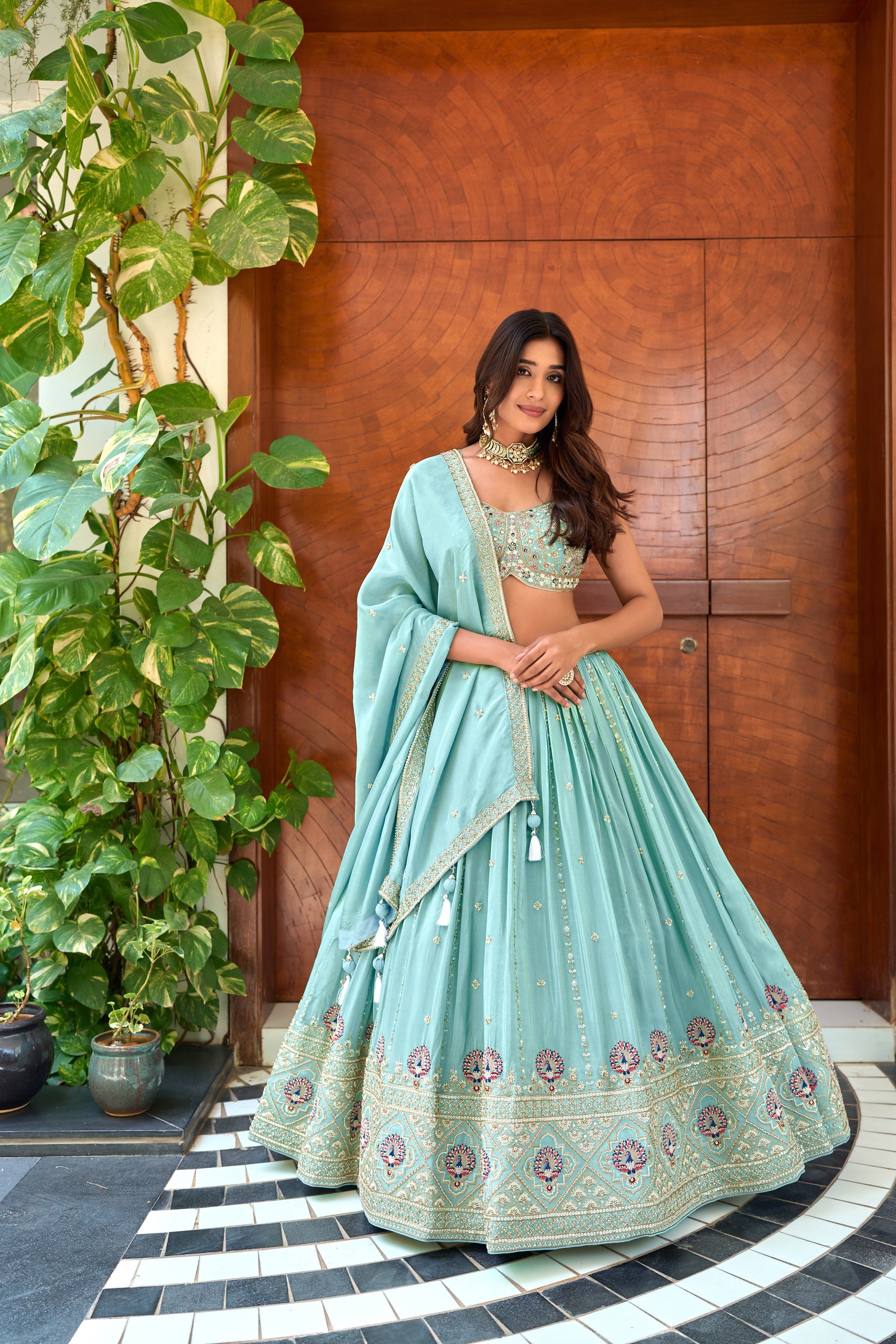 Aqua Blue Tissue Lehenga with Hand Embroidery