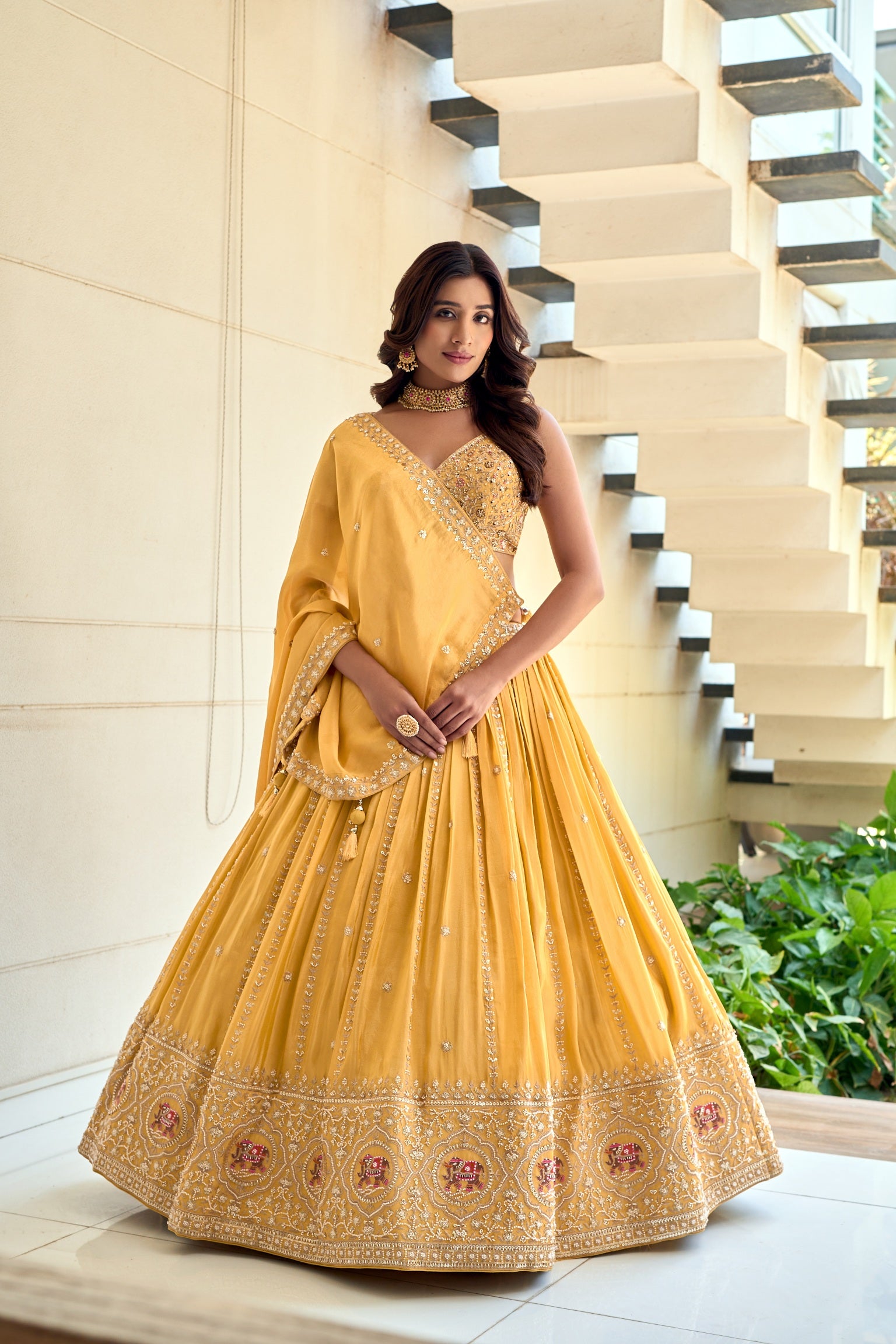 Mustard Yellow Tissue Embroidered Lehenga Set