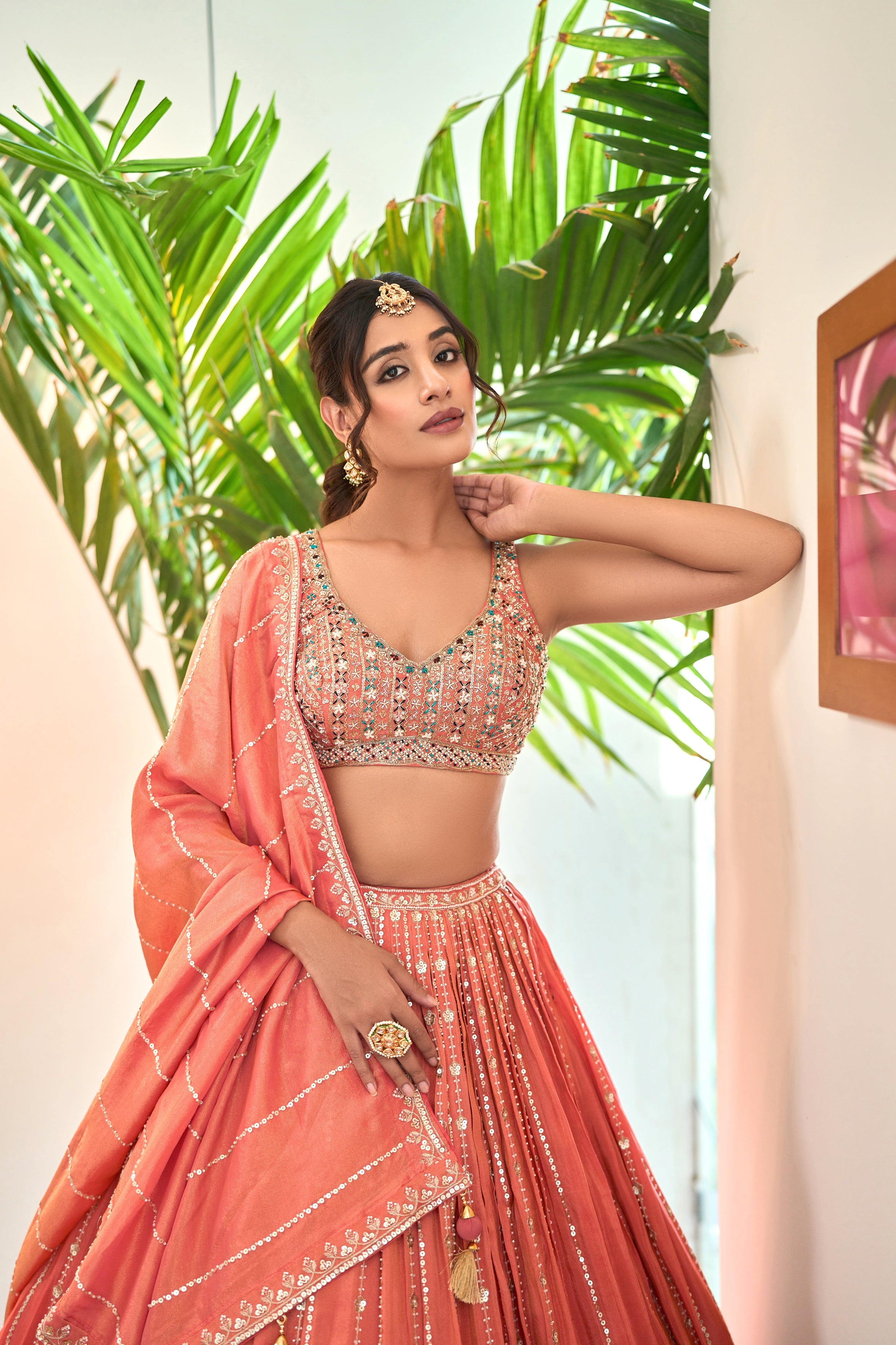 Coral Tissue Lehenga with Mirror & Thread Work