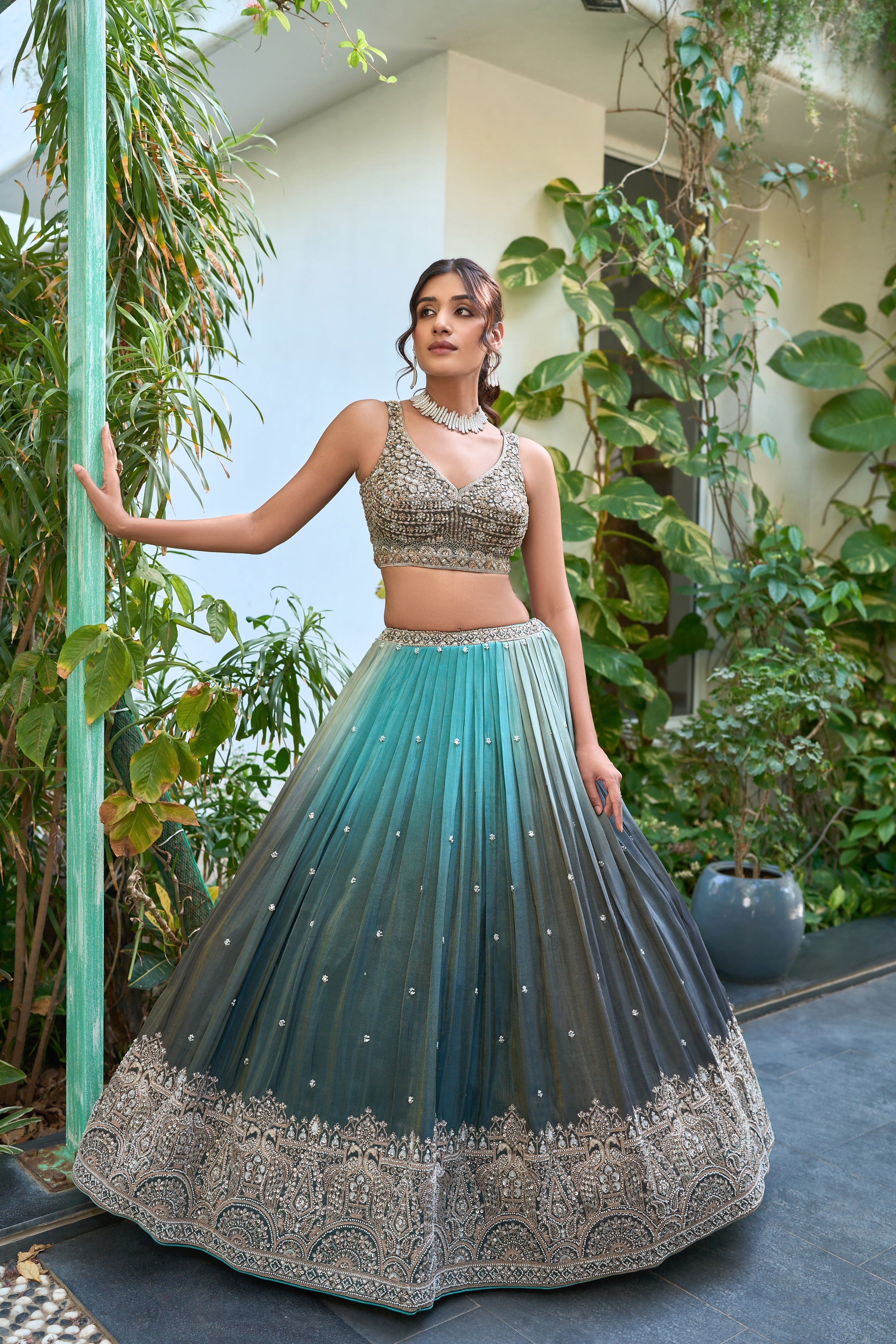 Sea Green Tissue Lehenga with Mirror and Sequin Embroidery