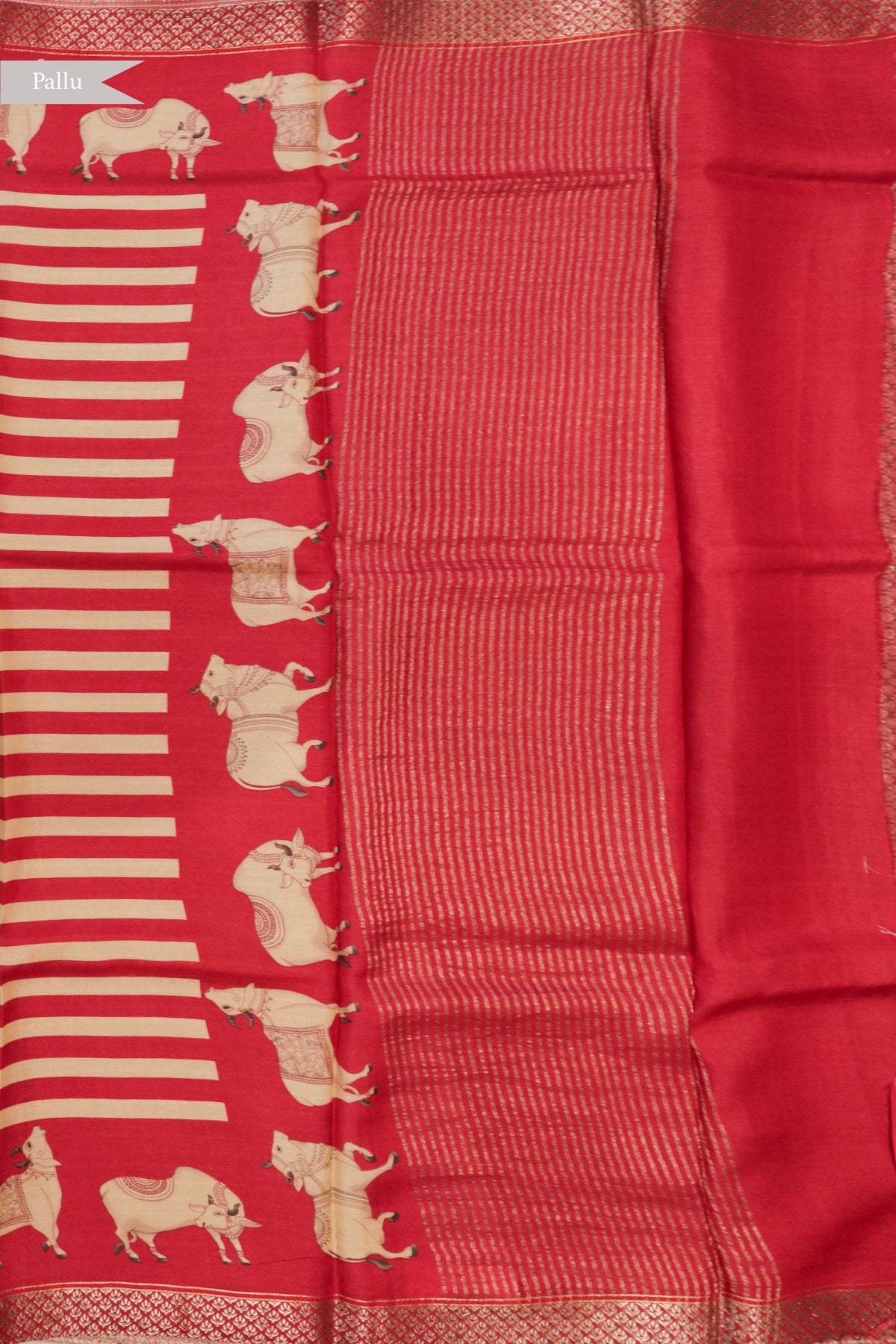 Red Tussar Silk Pichwai Print Saree - Mokshaa