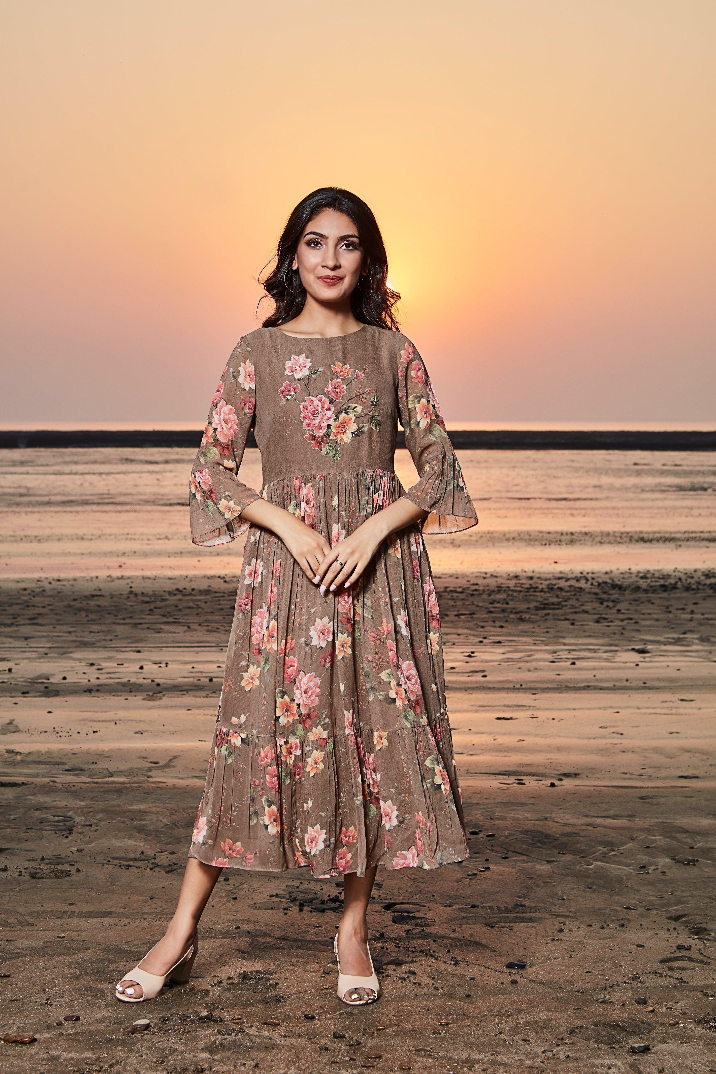 L Brown Floral Tiered Dress - Main Image