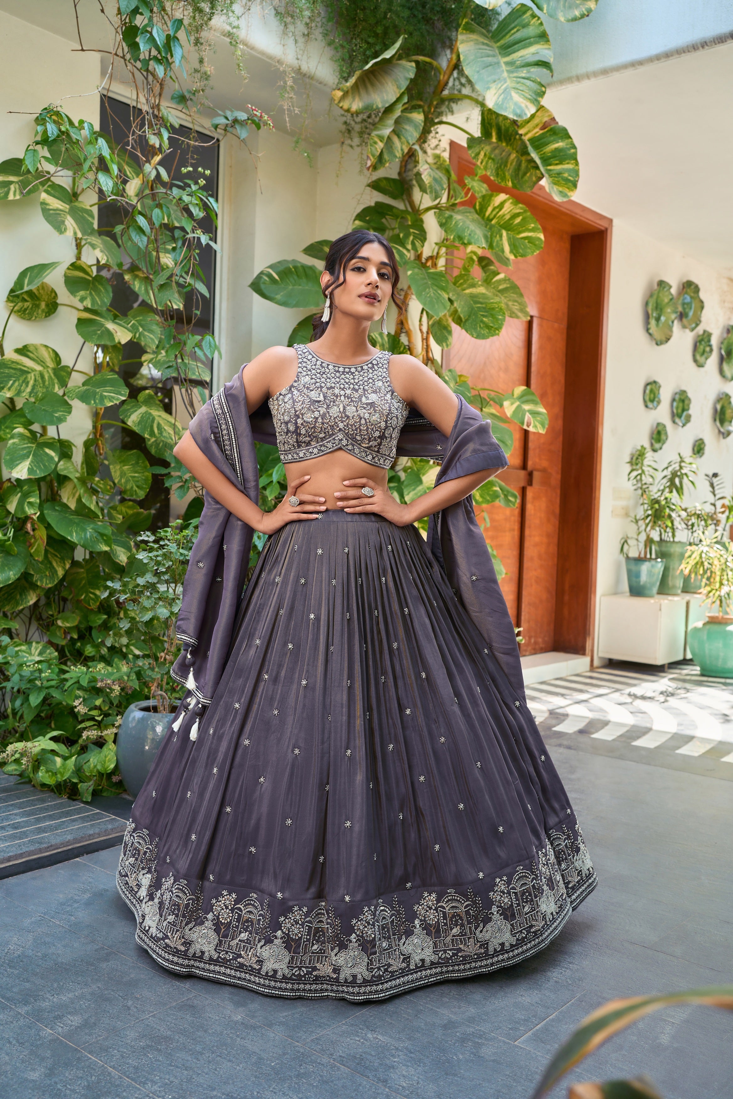 Charcoal Grey Embroidered Tissue Lehenga Set