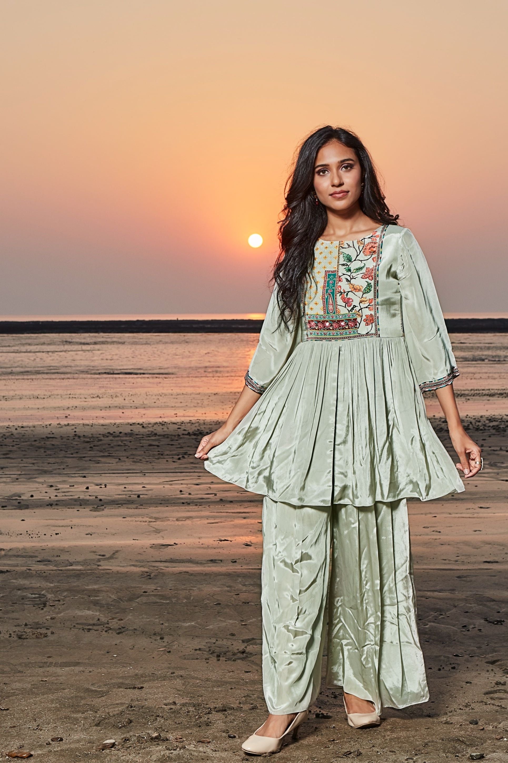 Sage Green Embroidered Co-ord Set  Mokshaa