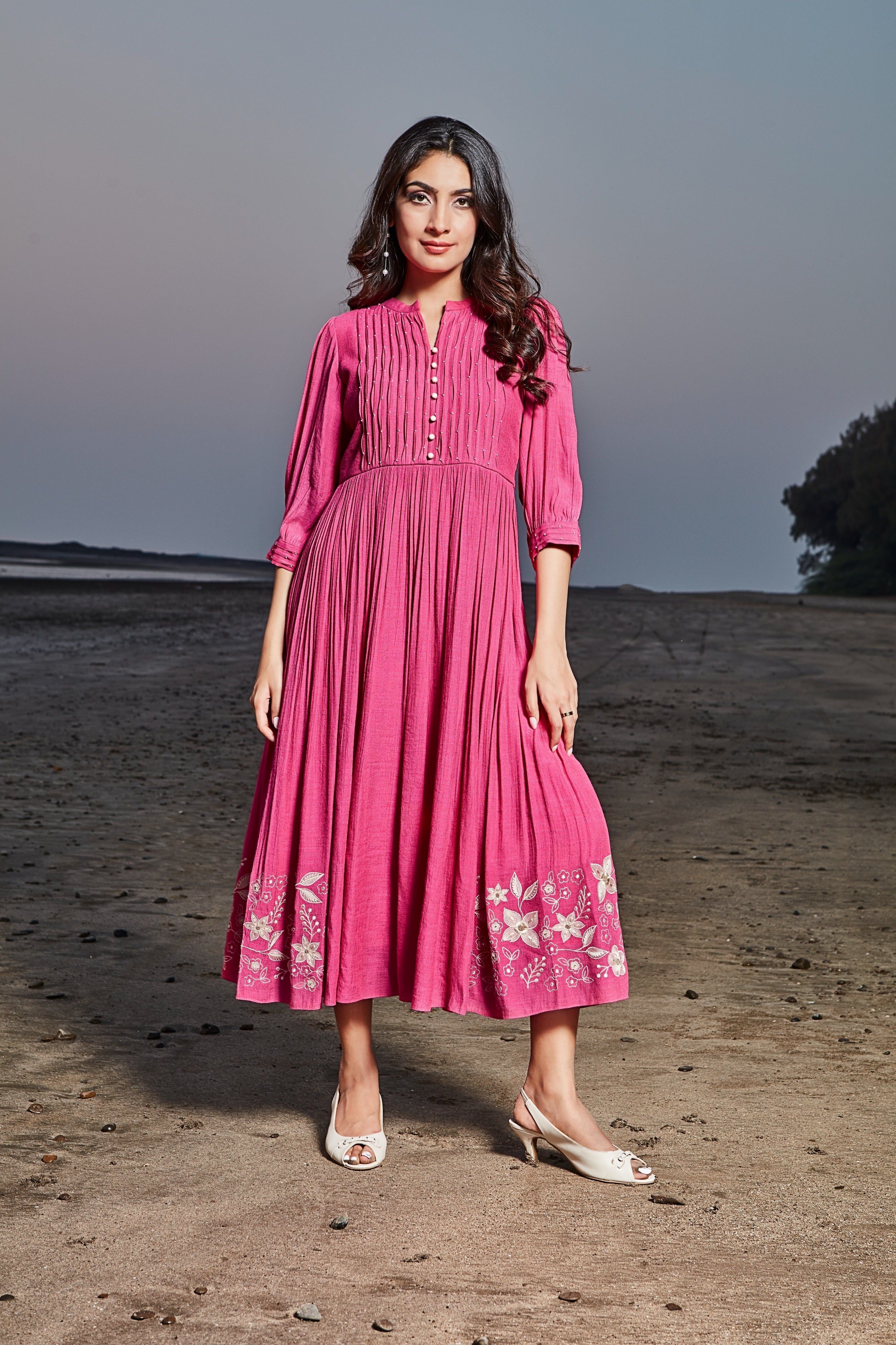 Rani Pink Cotton Midi Dress with Embroidered Hem  Mokshaa