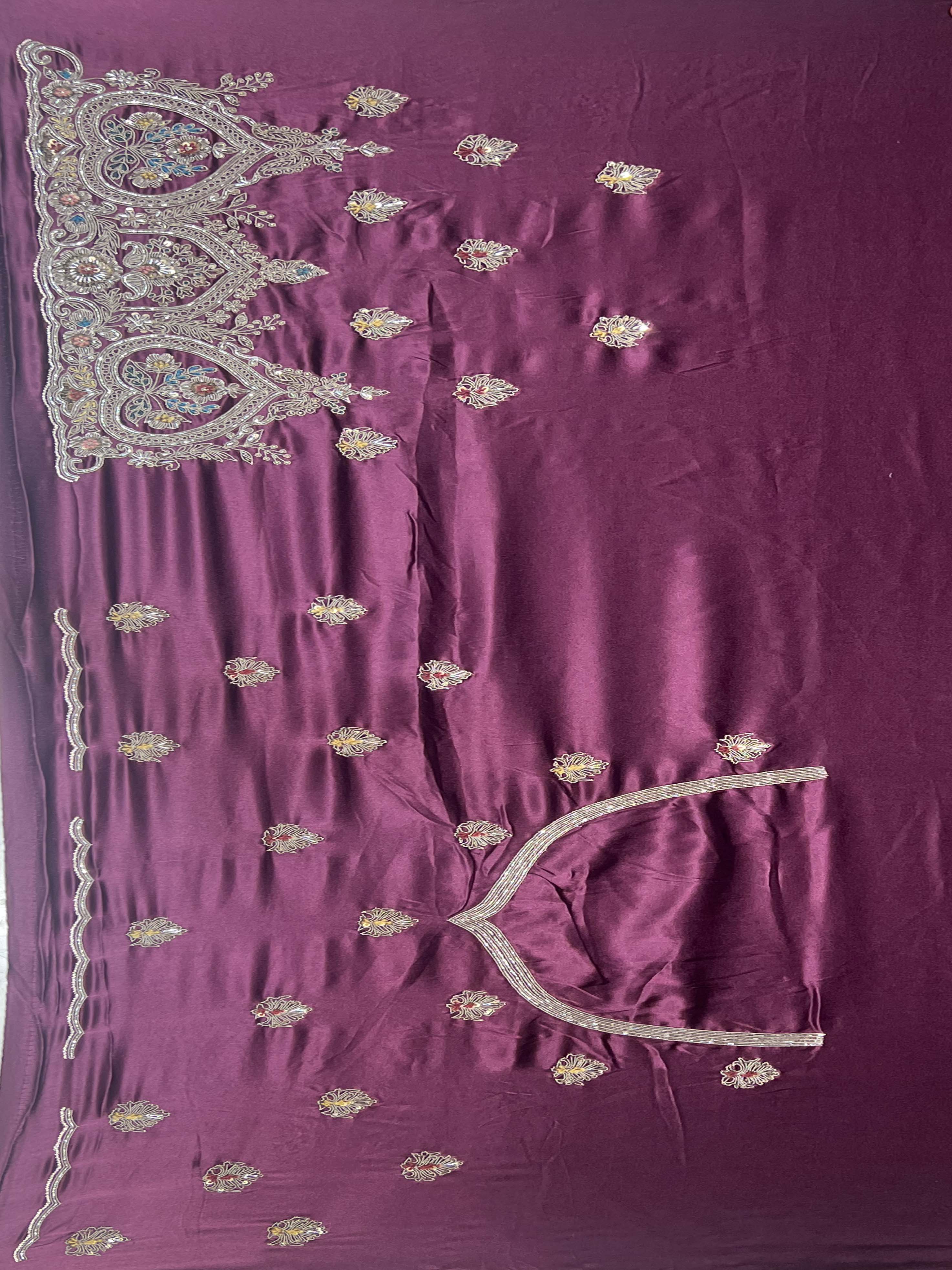 Wine Satin Saree with Zardosi Butta Body & Heavy Zardosi Border - Mokshaa