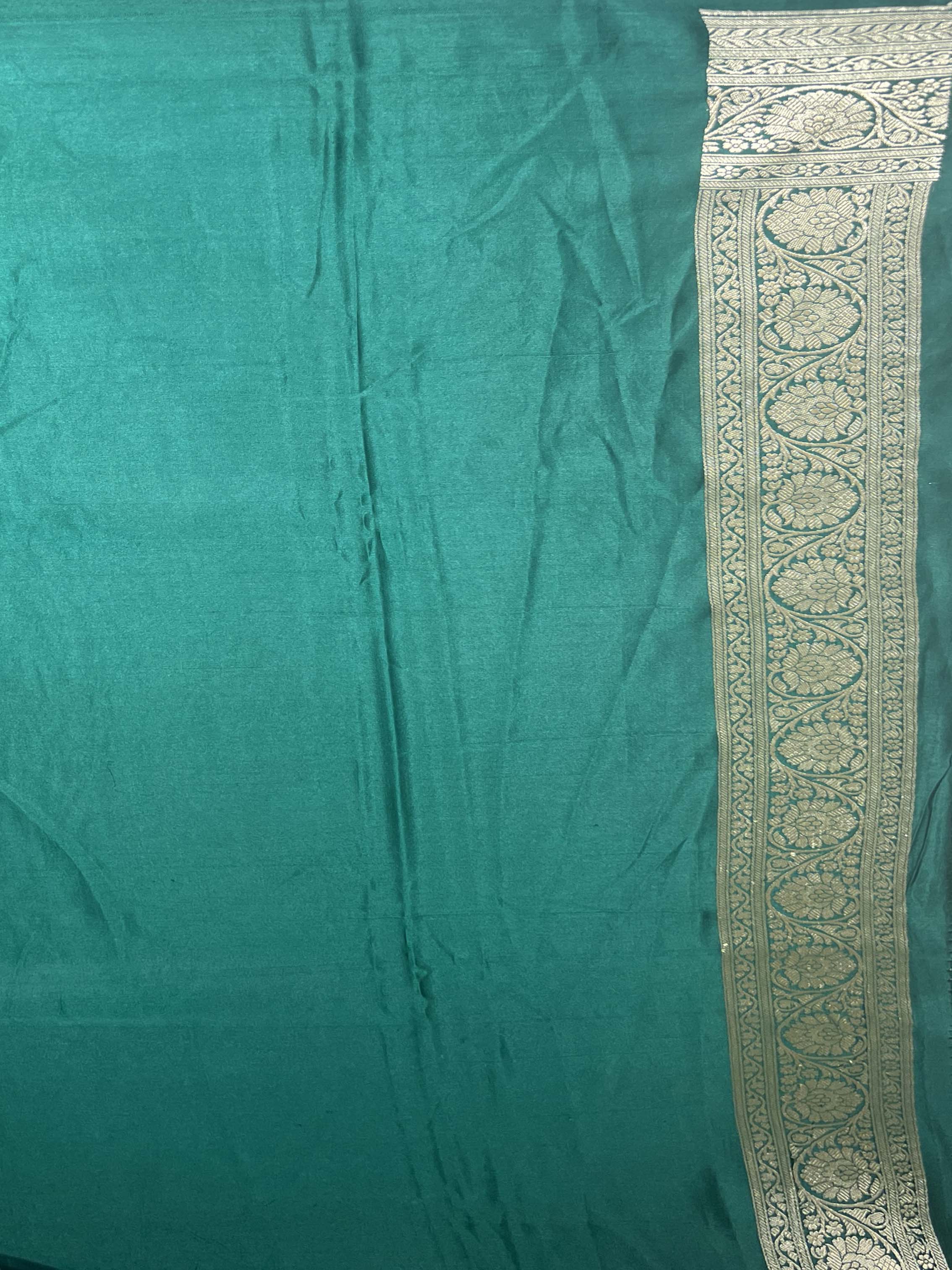 Green Banaras Mushroom Silk Saree with Gold Zari Buttas - Mokshaa