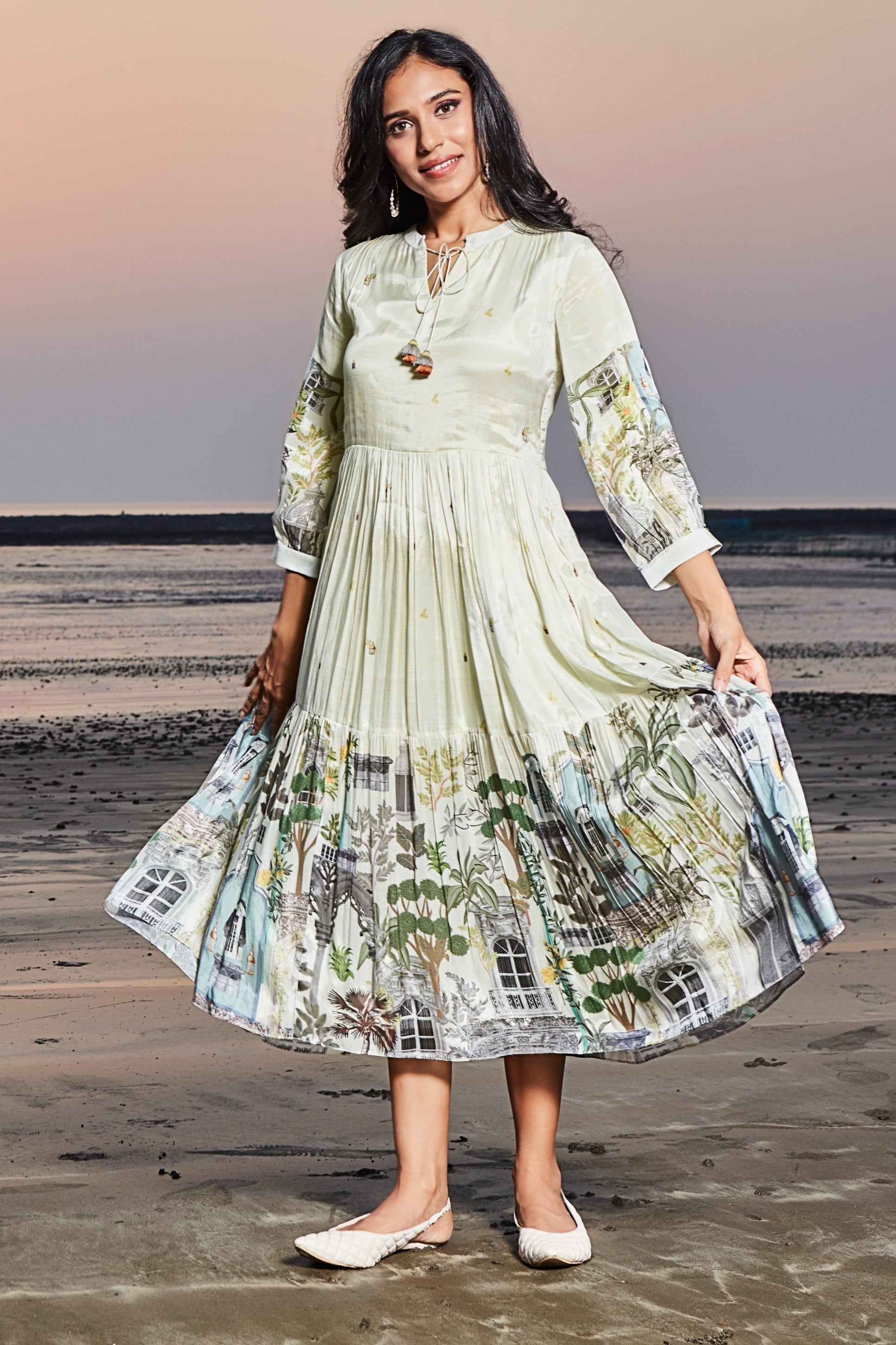 Ivory Printed Cotton Dress with Cityscape Motifs  Mokshaa