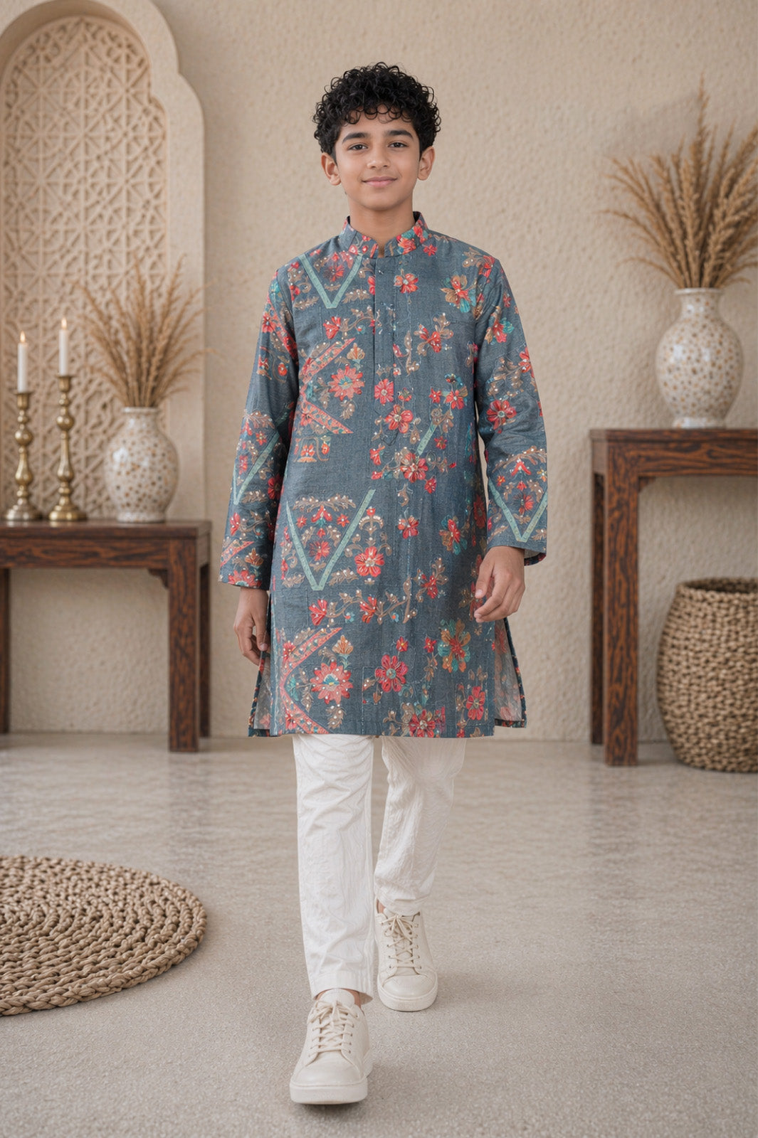 Grey Floral Printed Kurta & Pyjama Set for Boys