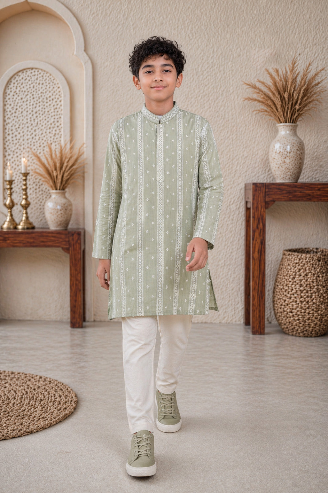 Sage Green Geometric Stripe Printed Kurta & Pyjama Set for Boys