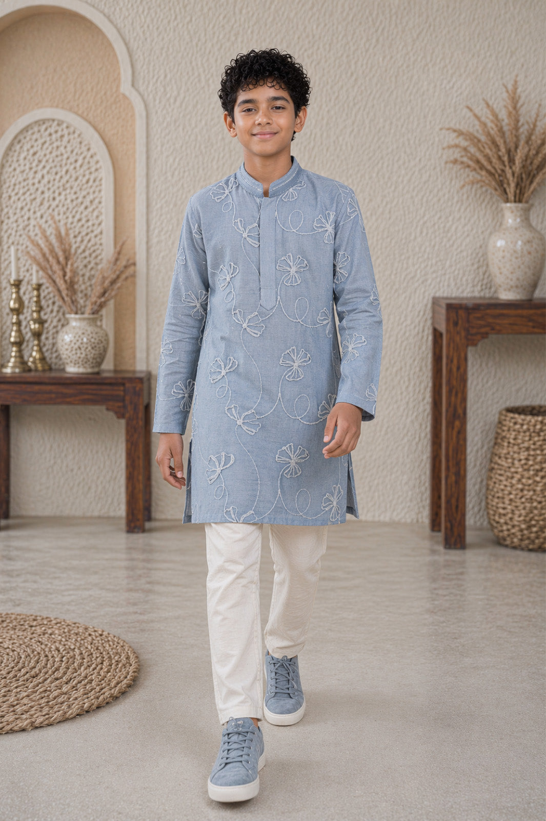 Baby Blue Floral Thread Embroidered Kurta & Pyjama Set for Boys