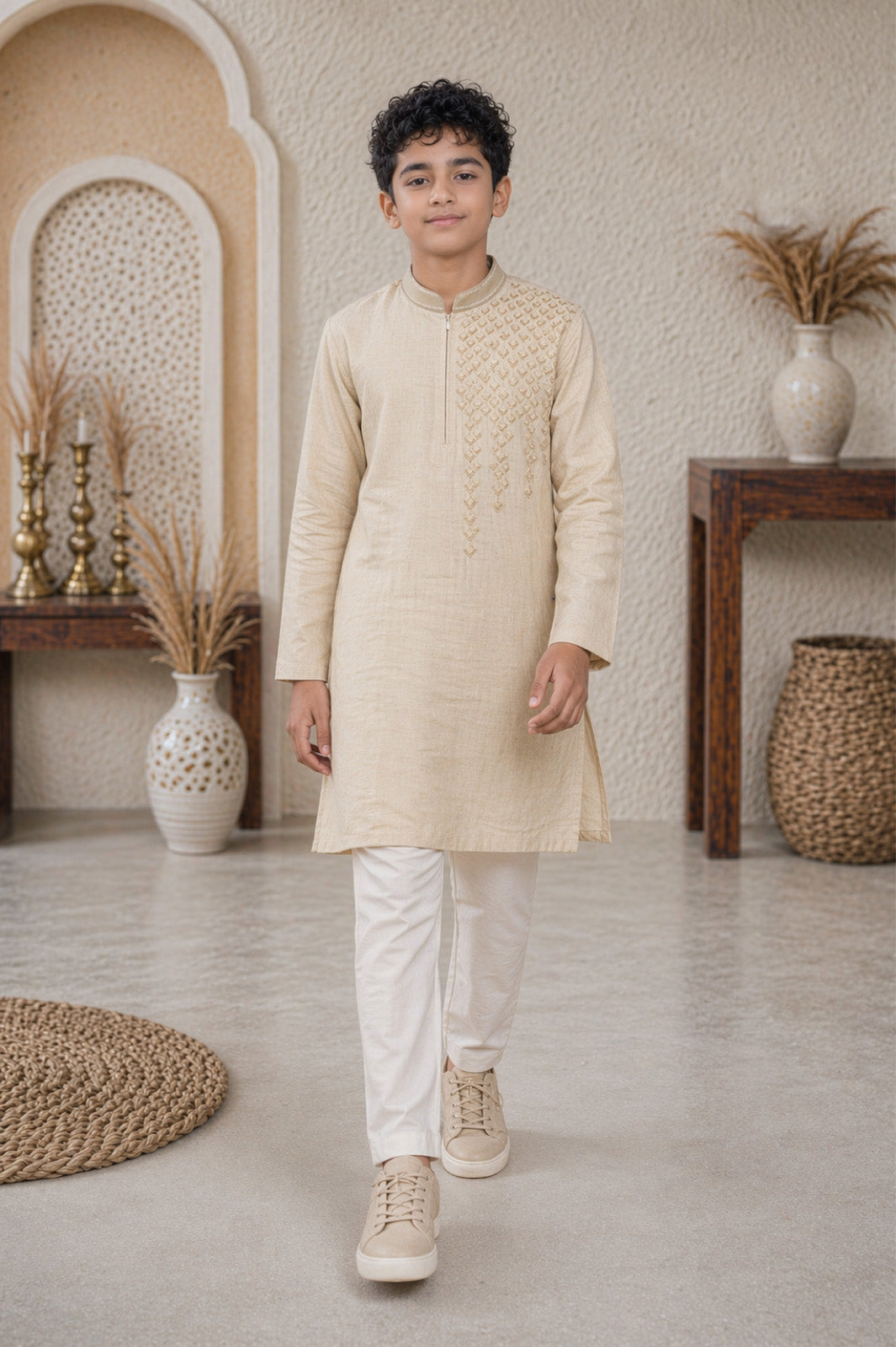 Cream Tonal Embroidered Kurta & Pyjama Set for Boys