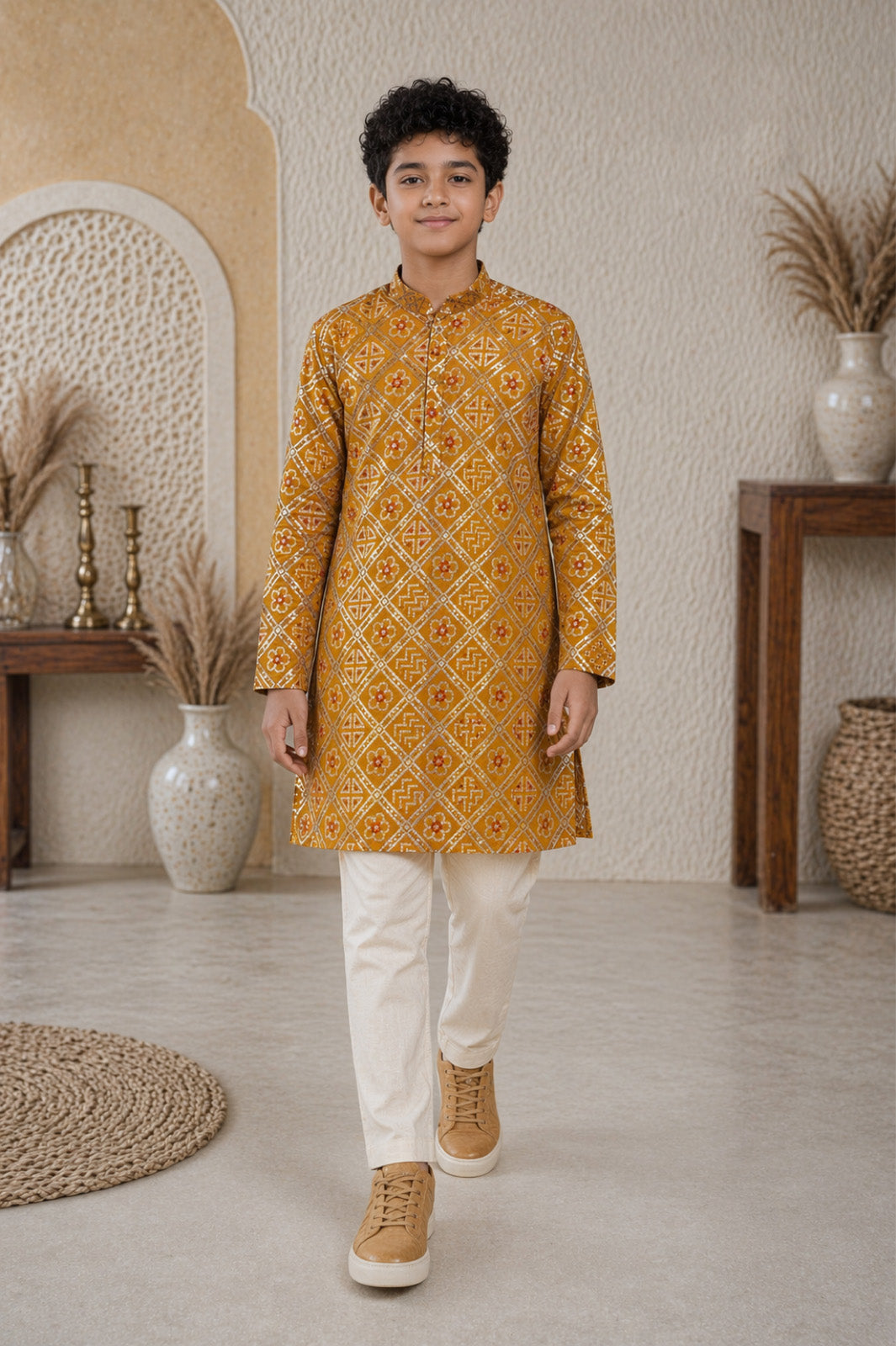 Mustard Yellow Patola Geometric Printed Kurta & Pyjama Set for Boys