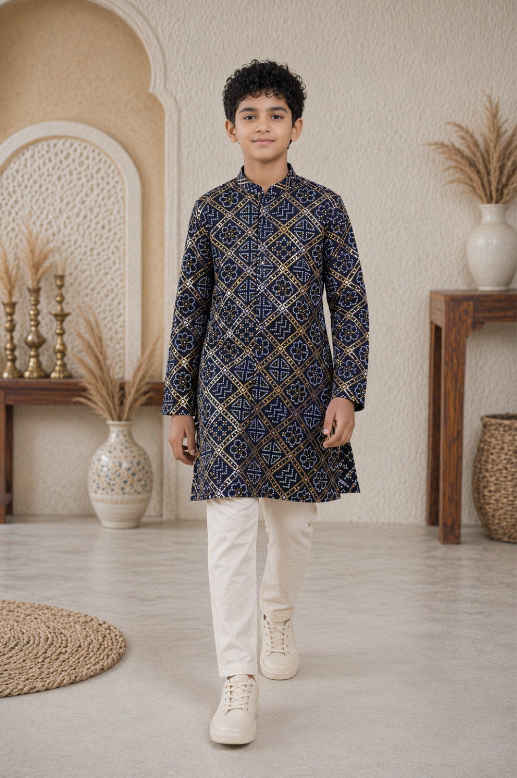Navy Blue Patola Geometric Printed Kurta & Pyjama Set for Boys