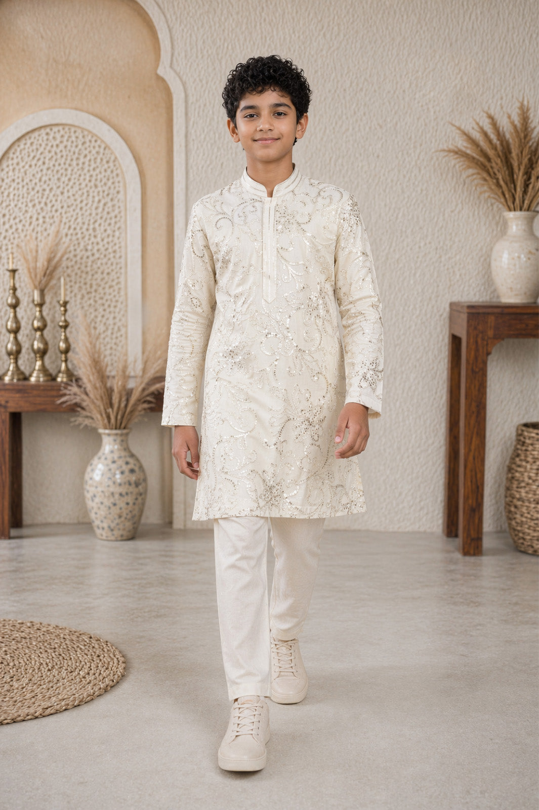 Cream Sequin & Thread Floral Embroidered Kurta & Pyjama Set for Boys