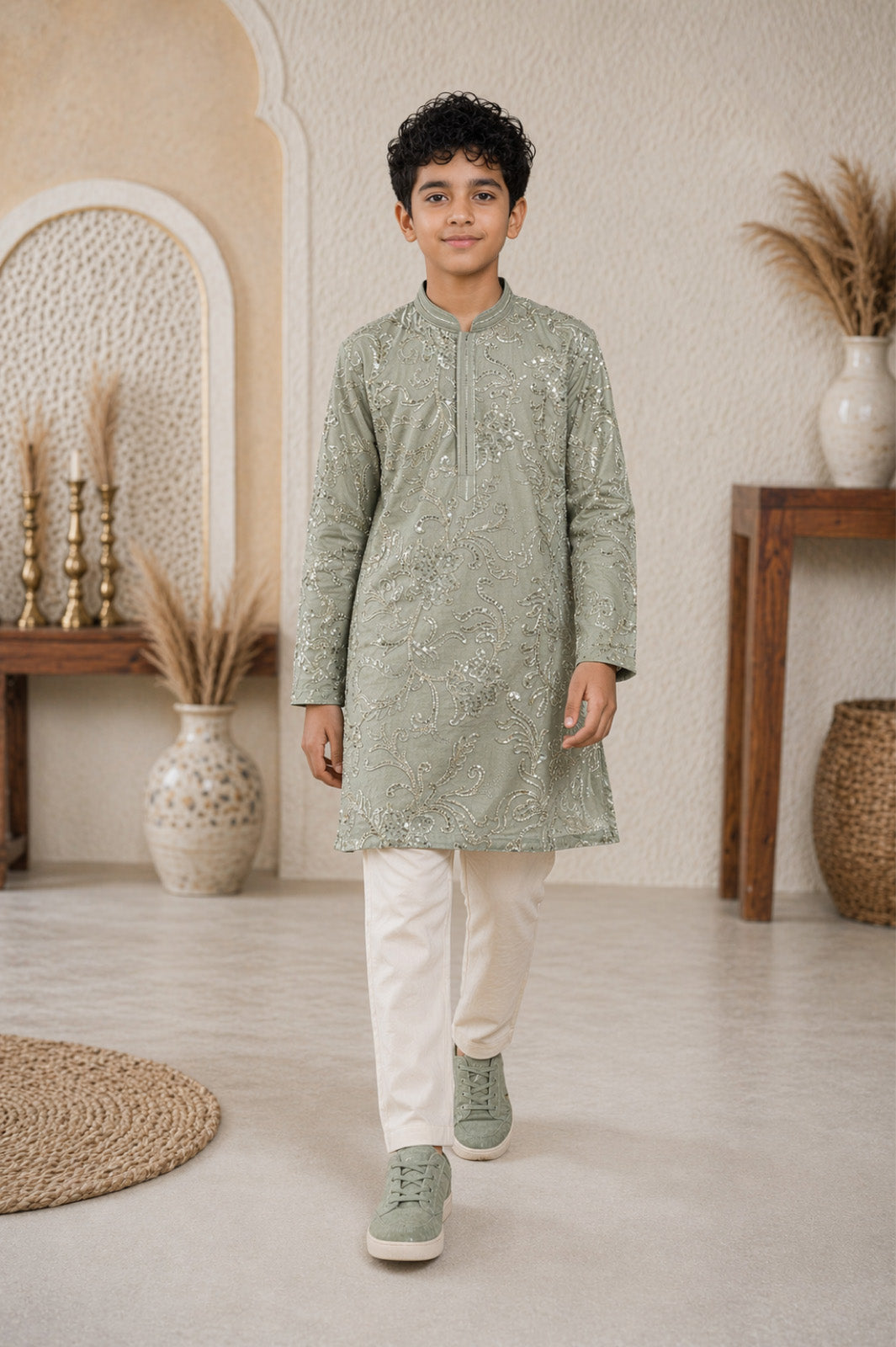 Sage Green Sequin & Thread Floral Embroidered Kurta & Pyjama Set for Boys